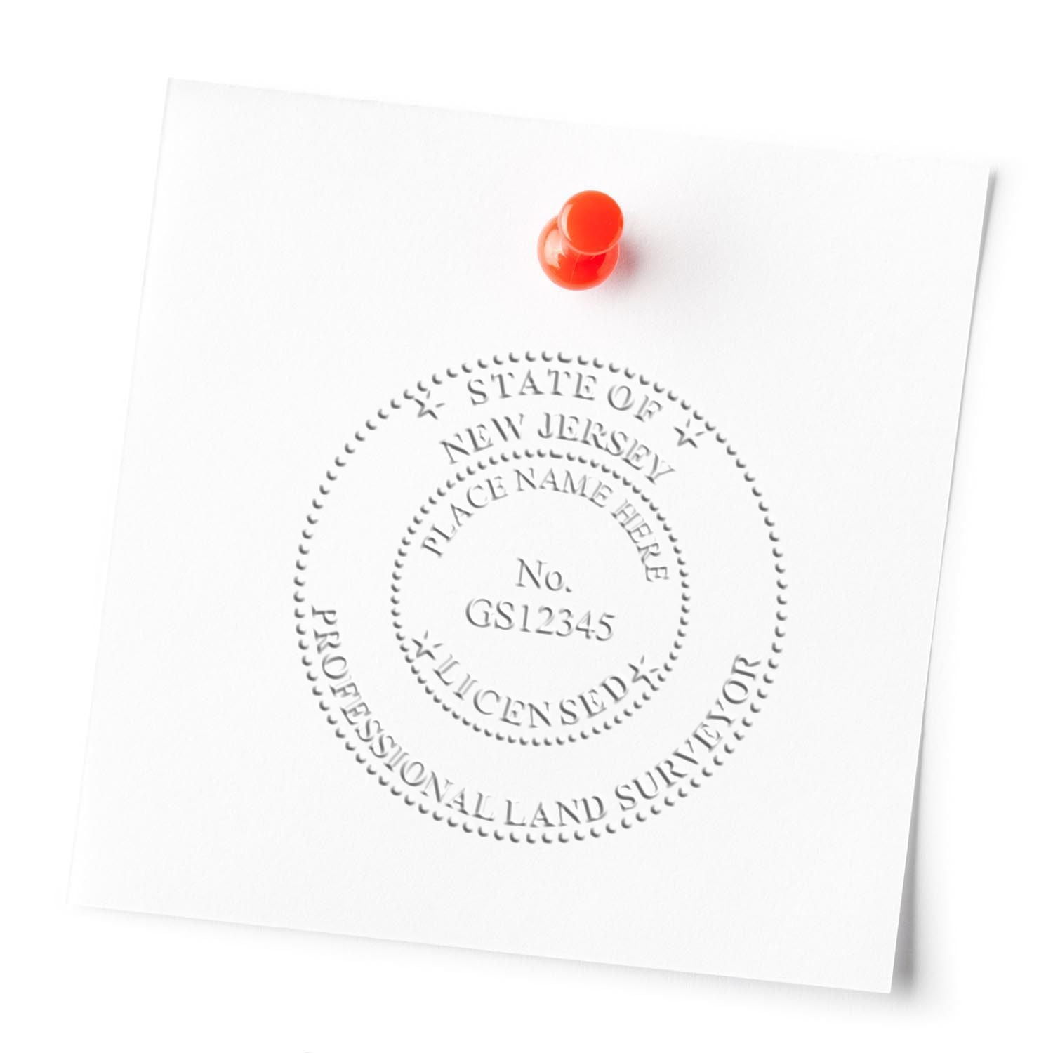 A lifestyle photo showing a stamped image of the Extended Long Reach New Jersey Surveyor Embosser on a piece of paper