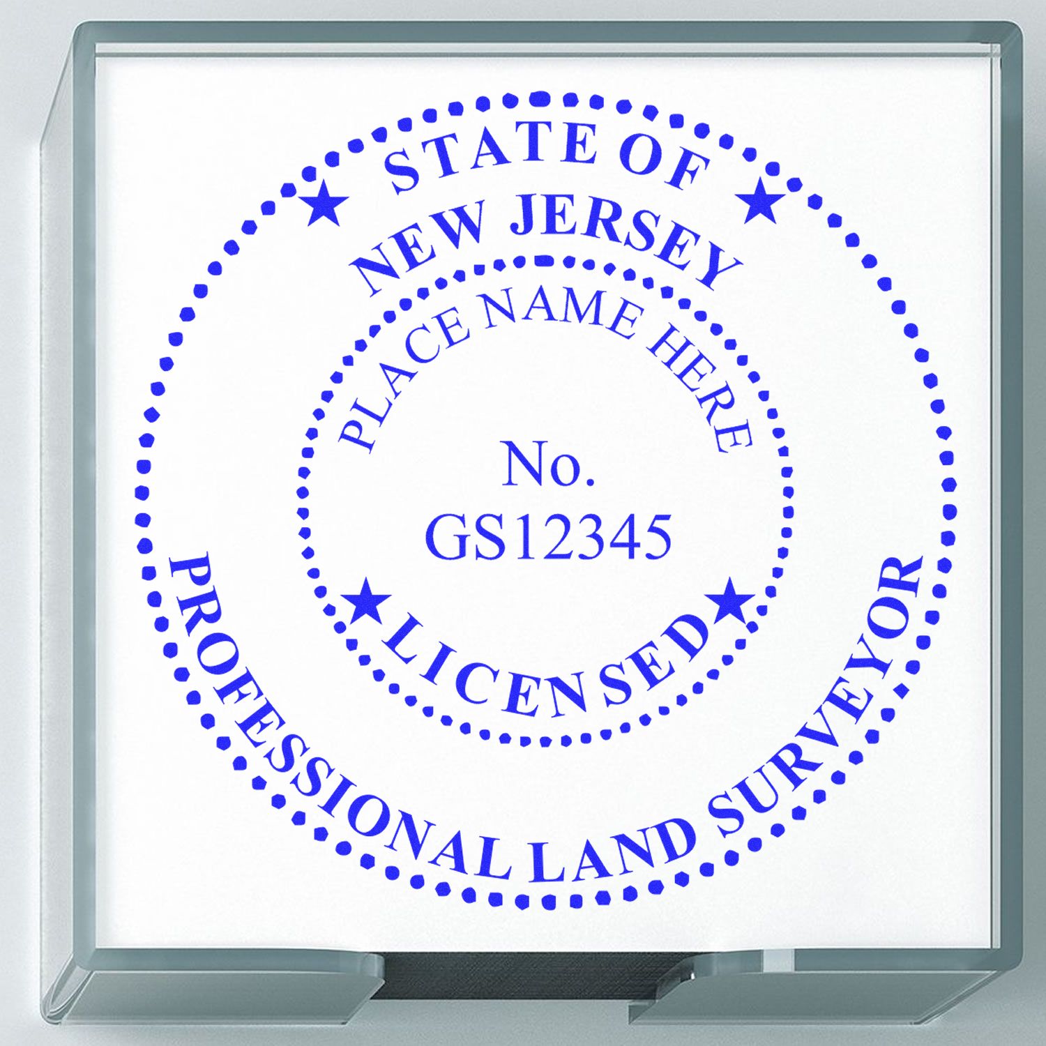 Premium MaxLight Pre-Inked New Jersey Surveyors Stamp with customizable name and license number in blue ink on a white background.