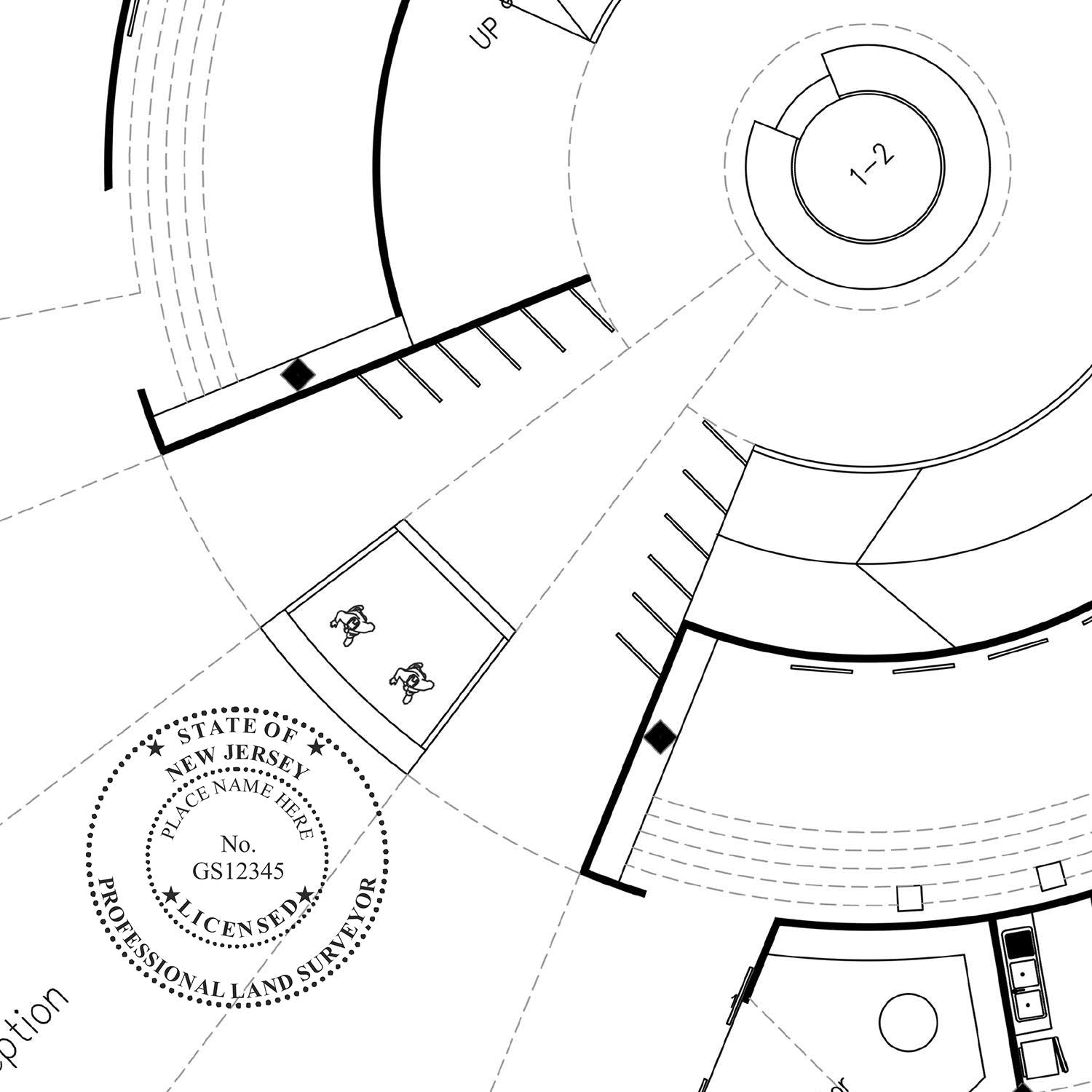 Self Inking New Jersey Land Surveyor Stamp used on a detailed architectural blueprint, showing the official seal and license number.