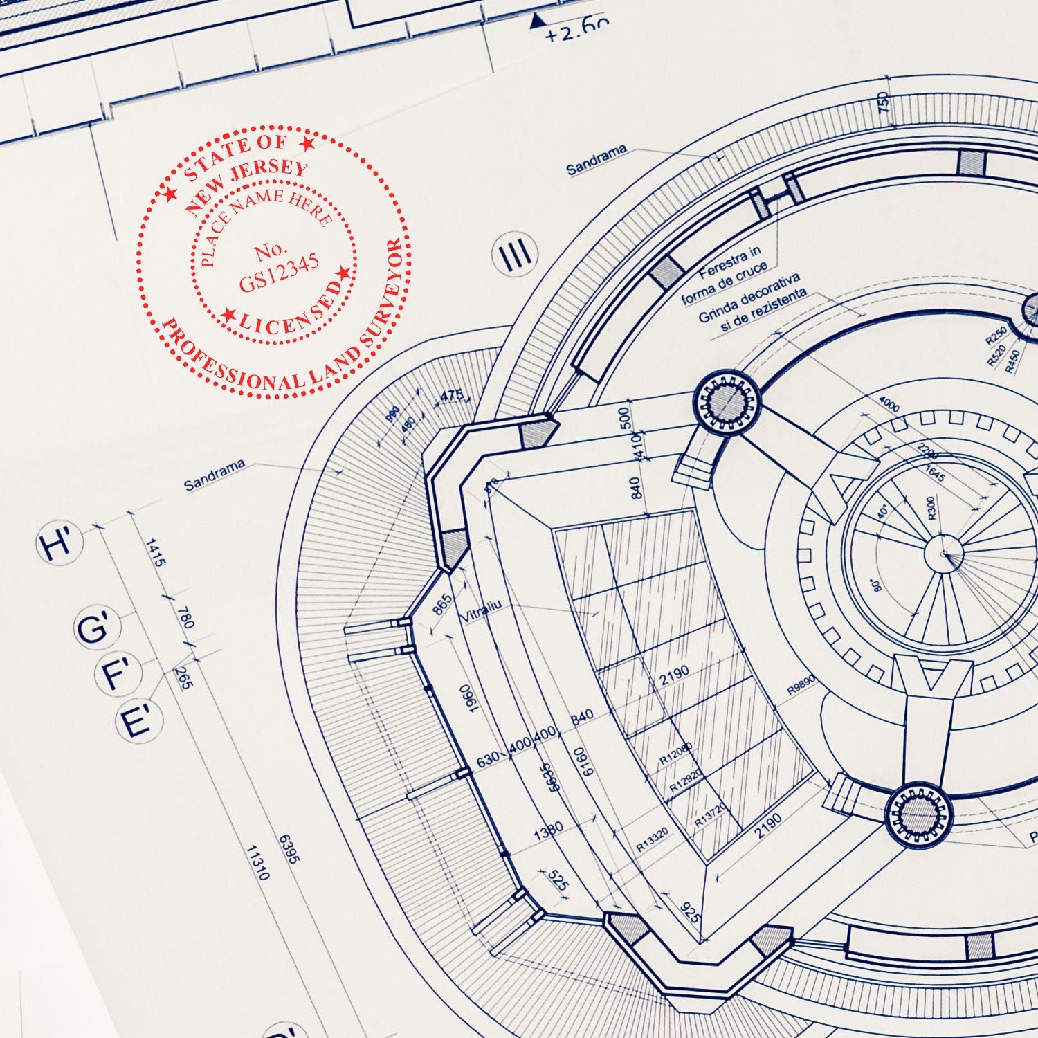 The Slim Pre-Inked New Jersey Land Surveyor Seal Stamp stamp impression comes to life with a crisp, detailed photo on paper - showcasing true professional quality.