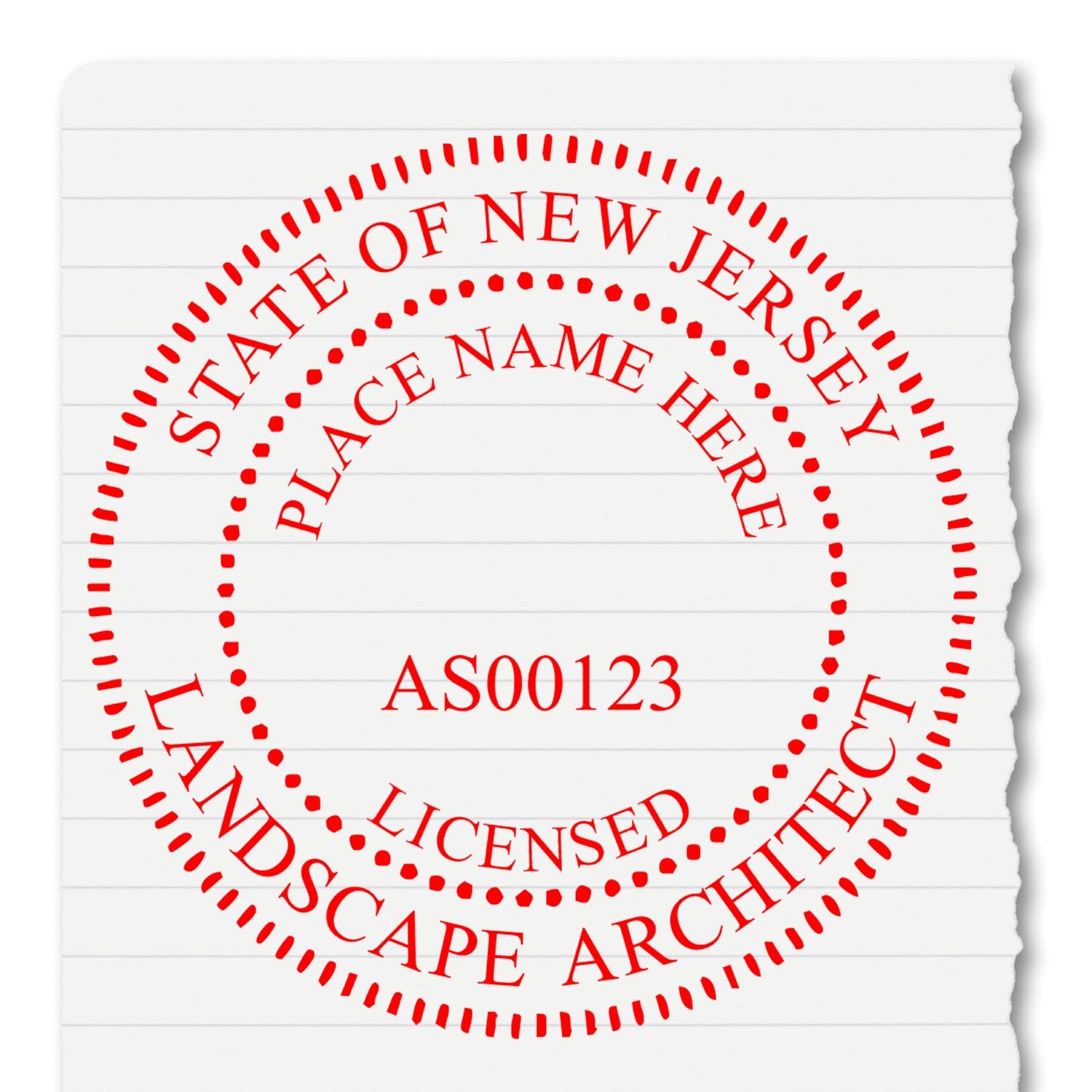 An alternative view of the Premium MaxLight Pre-Inked New Jersey Landscape Architectural Stamp stamped on a sheet of paper showing the image in use