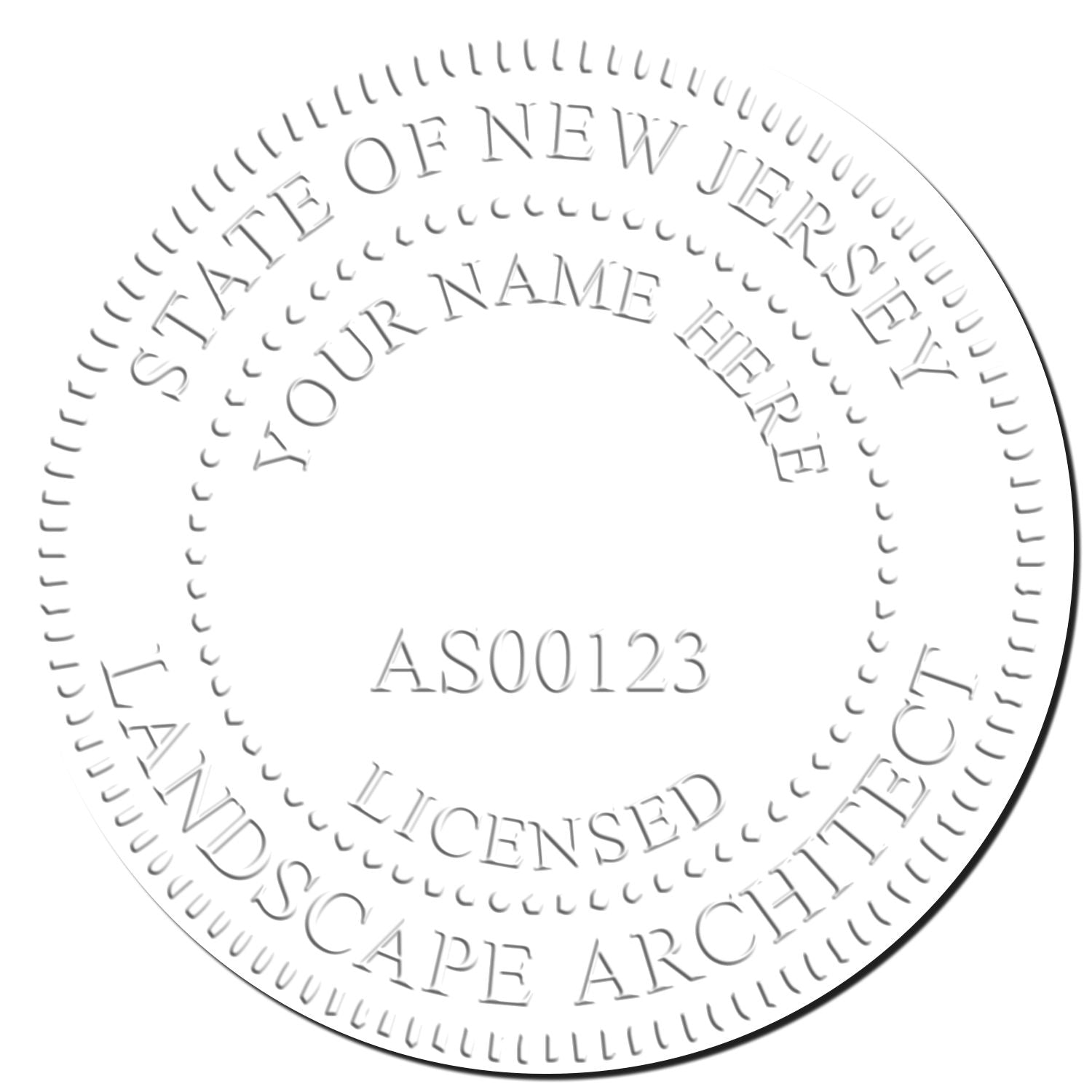This paper is stamped with a sample imprint of the New Jersey Long Reach Landscape Architect Embossing Stamp, signifying its quality and reliability.