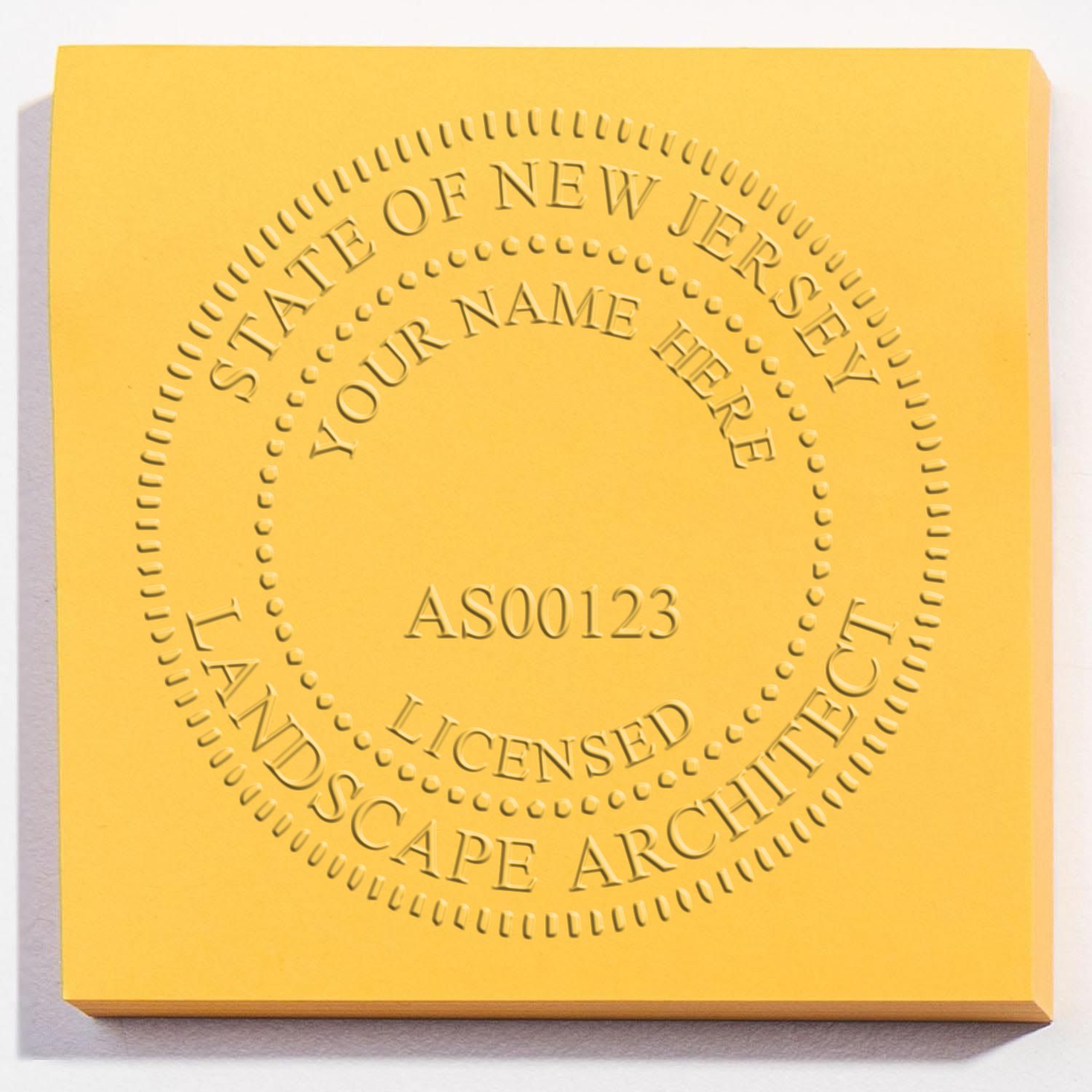 A photograph of the Hybrid New Jersey Landscape Architect Seal stamp impression reveals a vivid, professional image of the on paper.