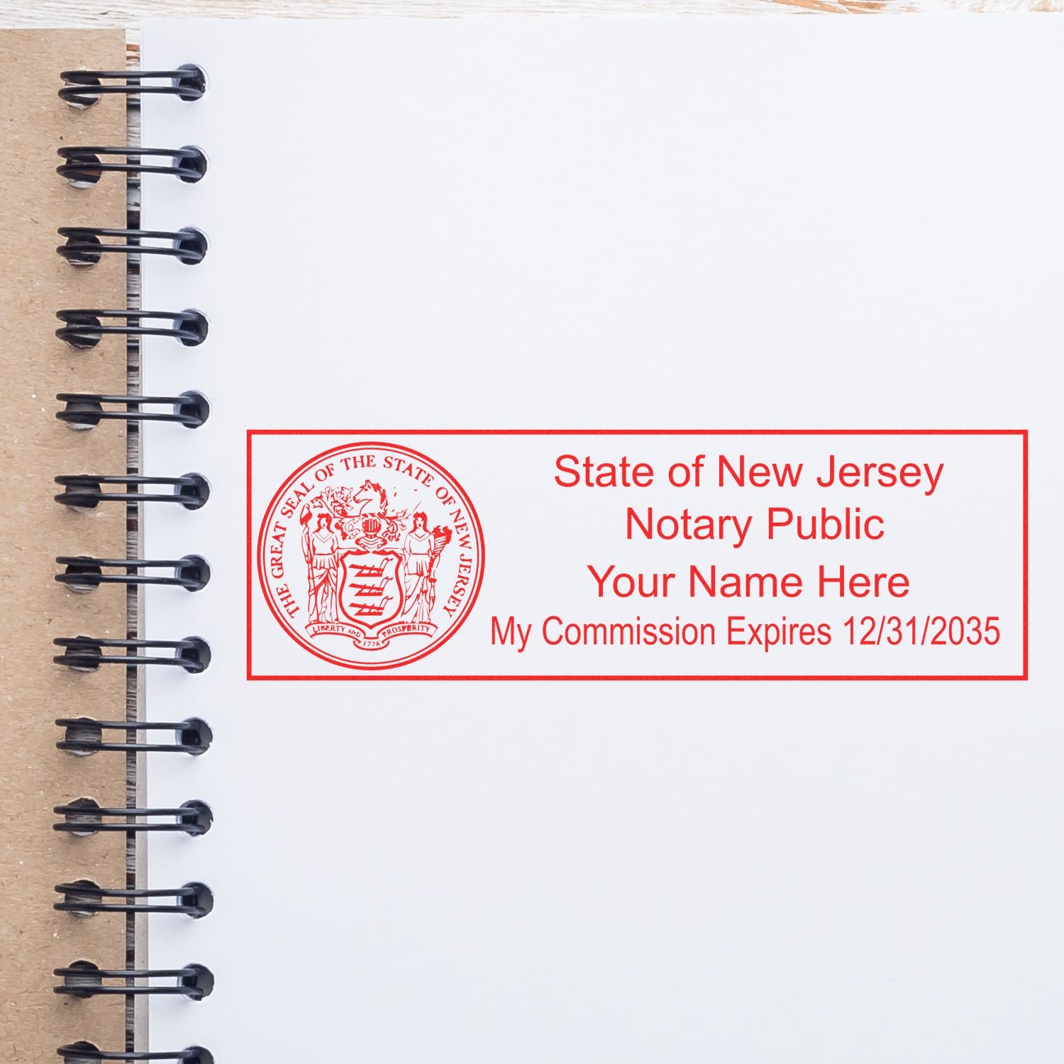 Another Example of a stamped impression of the Super Slim New Jersey Notary Public Stamp on a piece of office paper.