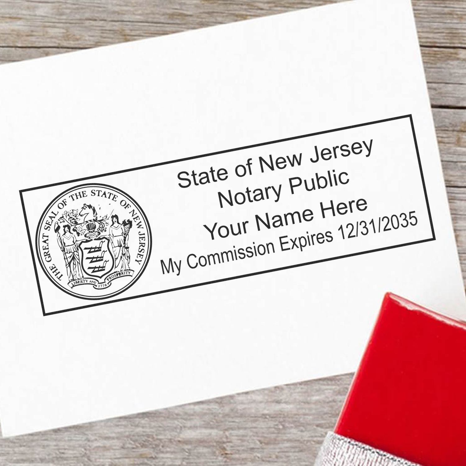 A stamped impression of the Self-Inking State Seal New Jersey Notary Stamp in this stylish lifestyle photo, setting the tone for a unique and personalized product.