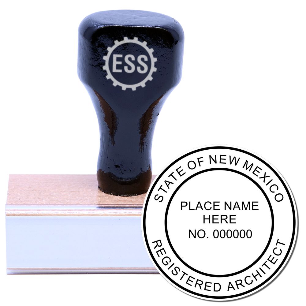 New Mexico Architect Seal Stamp with a wooden handle and rubber base, displaying State of New Mexico Registered Architect text.