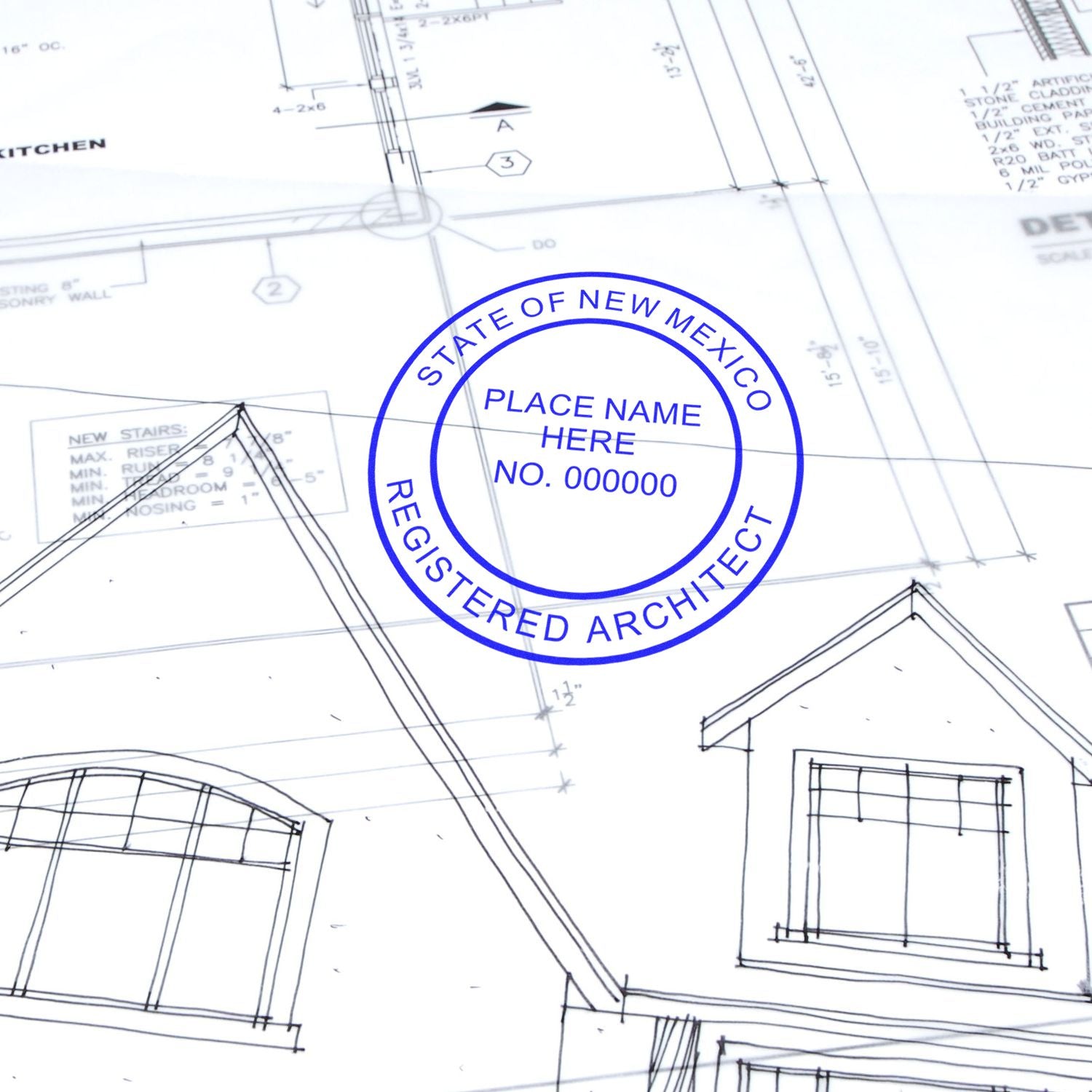 New Mexico Architect Seal Stamp on architectural blueprints, displaying State of New Mexico Registered Architect with space for name and number.