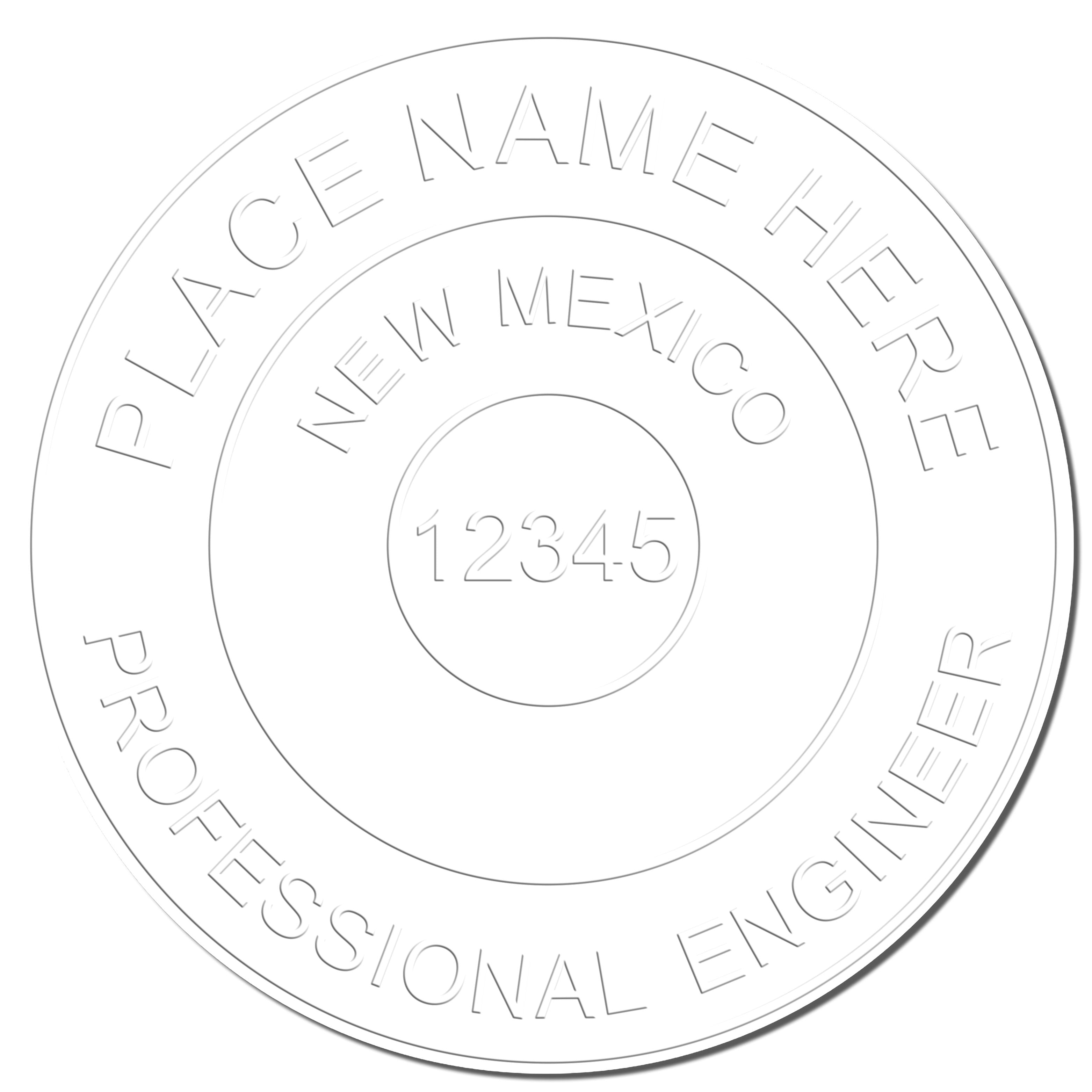 A photograph of the Handheld New Mexico Professional Engineer Embosser stamp impression reveals a vivid, professional image of the on paper.