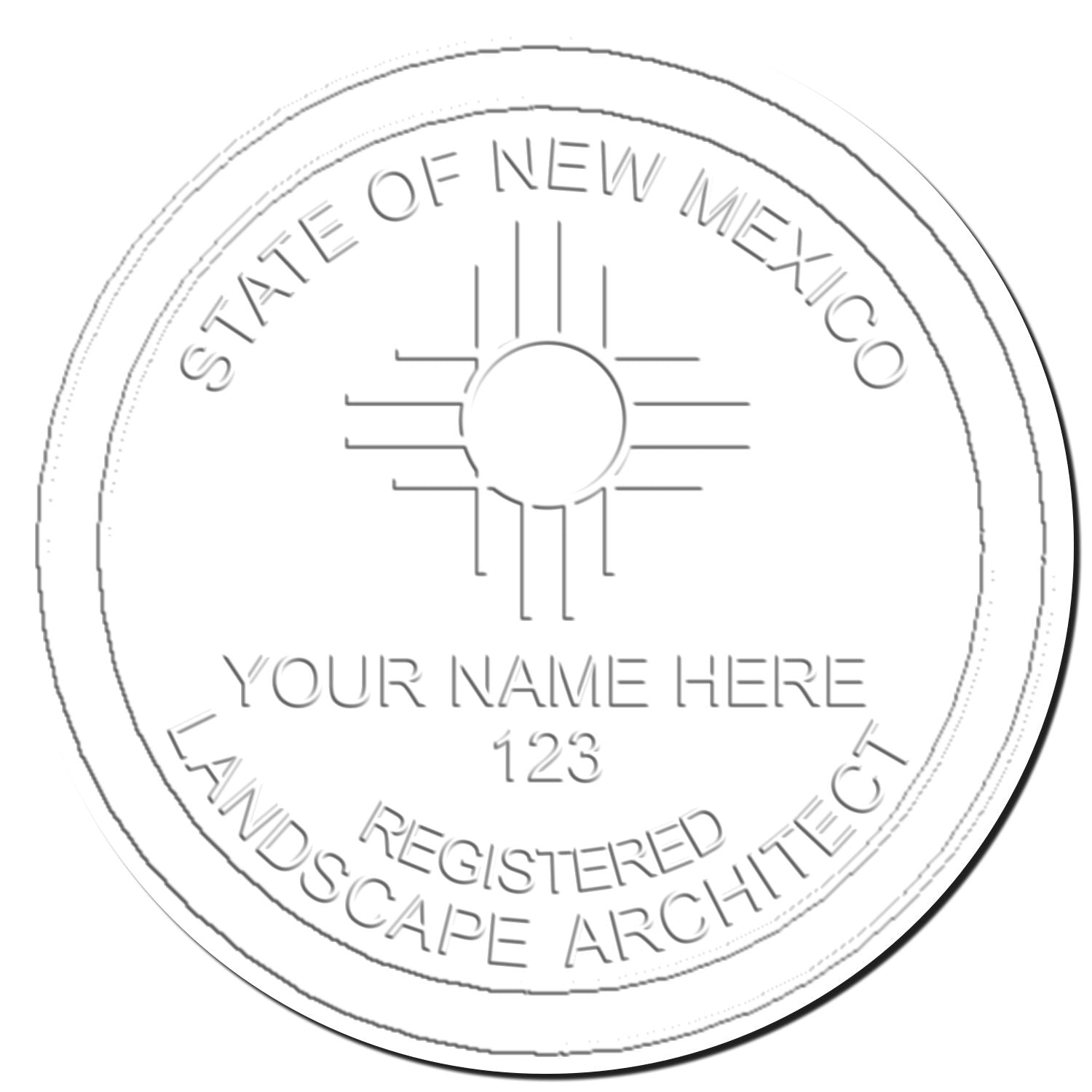 This paper is stamped with a sample imprint of the State of New Mexico Extended Long Reach Landscape Architect Seal Embosser, signifying its quality and reliability.