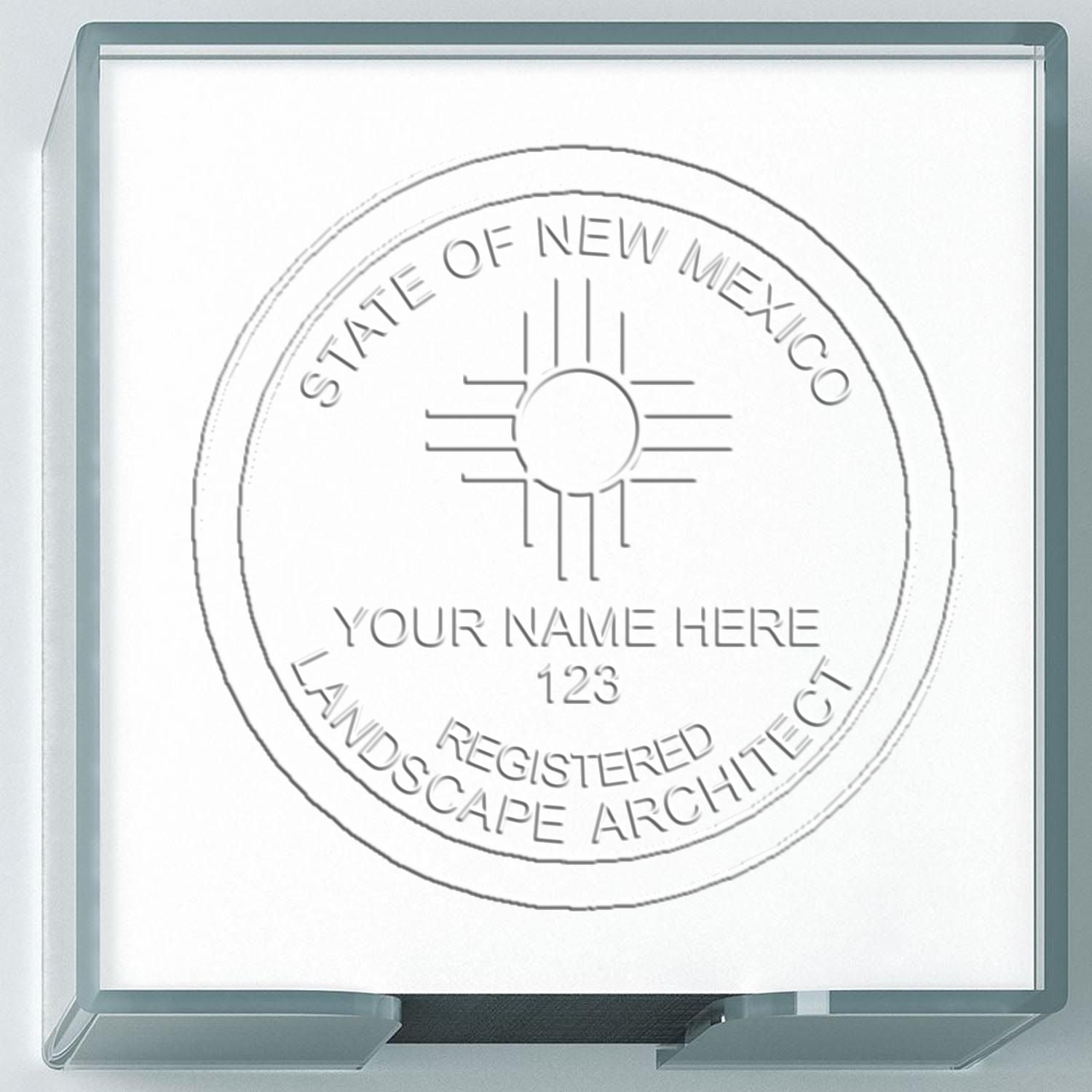 A stamped impression of the State of New Mexico Handheld Landscape Architect Seal in this stylish lifestyle photo, setting the tone for a unique and personalized product.