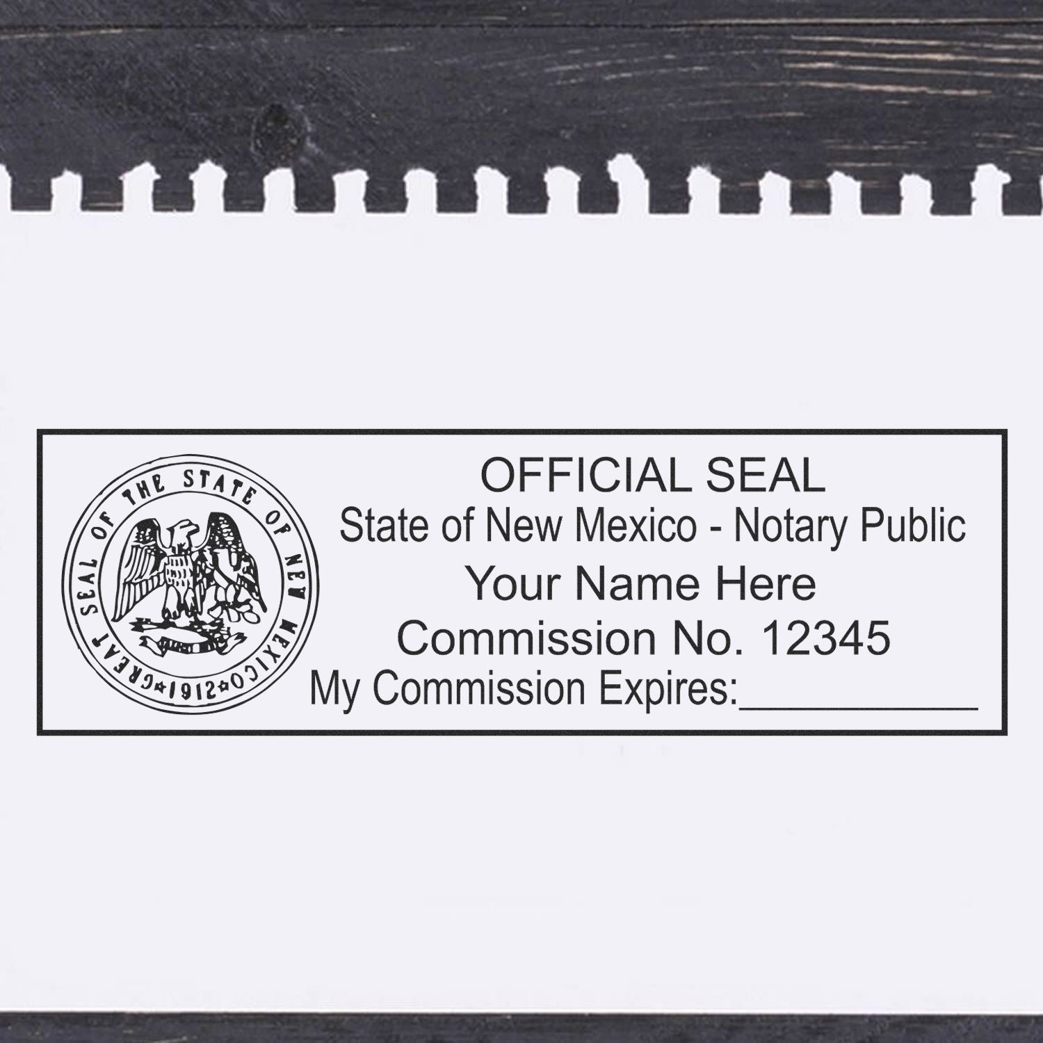 The main image for the Wooden Handle New Mexico State Seal Notary Public Stamp depicting a sample of the imprint and electronic files