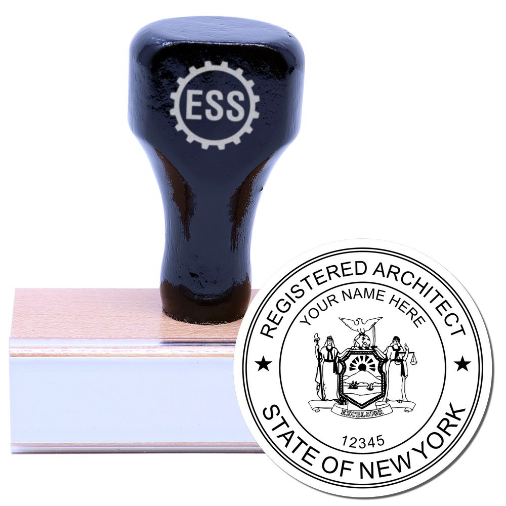 New York Architect Seal Stamp with a wooden handle and rubber base, featuring the Registered Architect State of New York seal design.