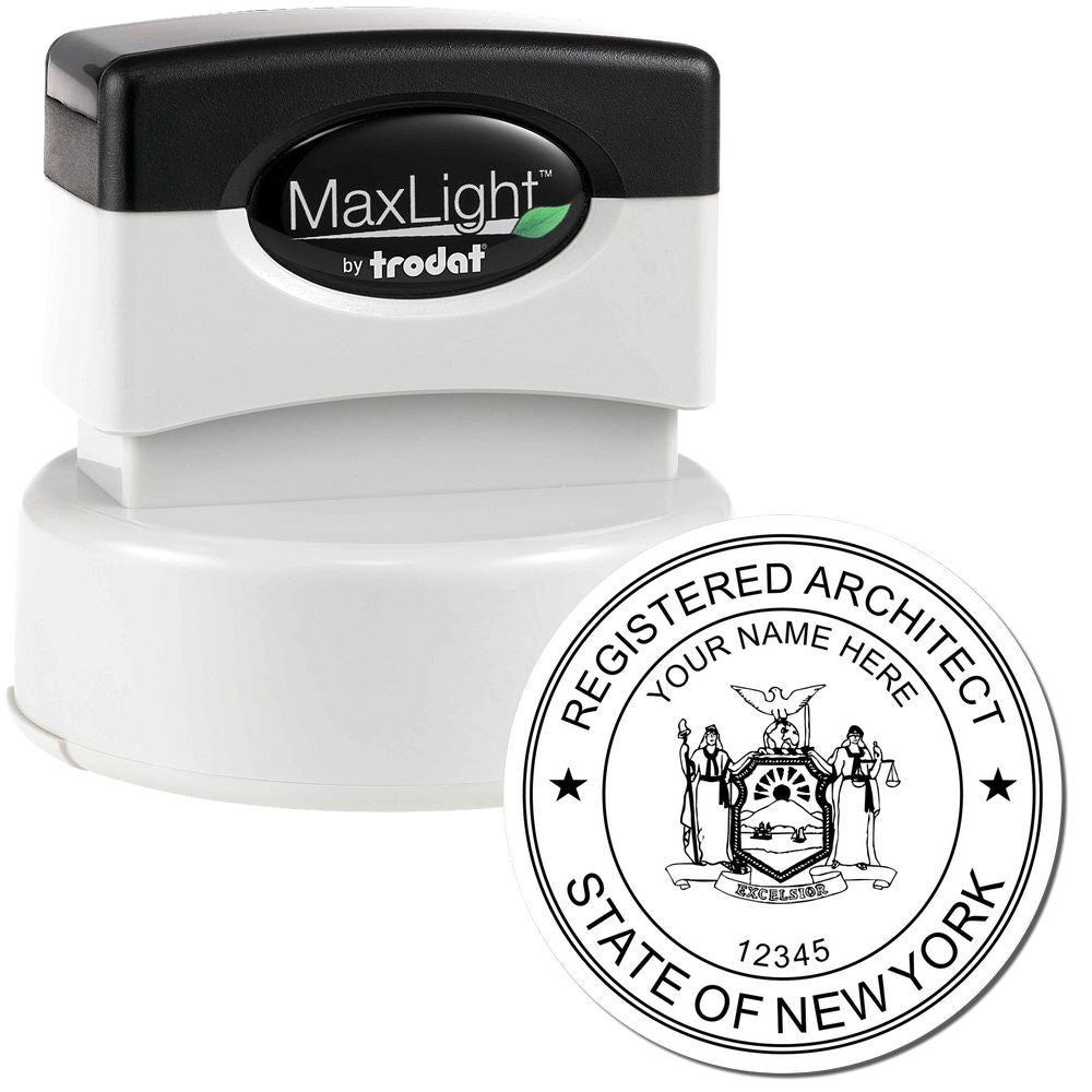 Premium MaxLight Pre-Inked New York Architectural Stamp with a black and white design, featuring the state seal and customizable text.