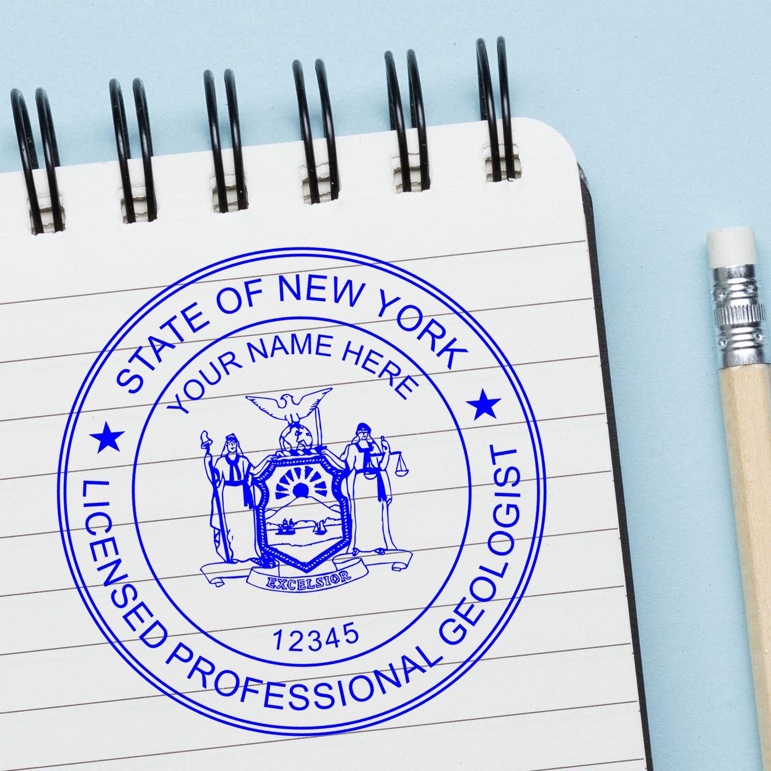 A stamped imprint of the New York Professional Geologist Seal Stamp in this stylish lifestyle photo, setting the tone for a unique and personalized product.