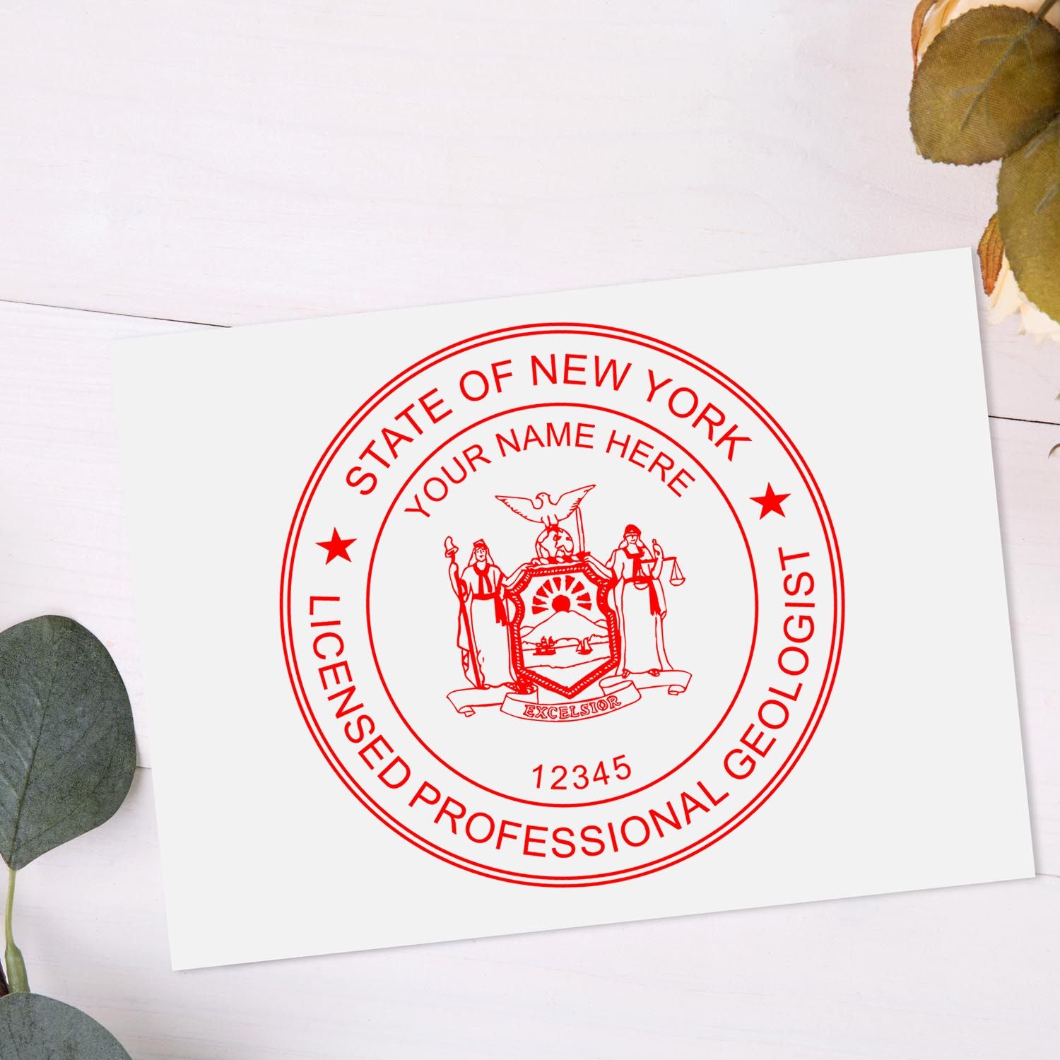 A stamped imprint of the Slim Pre-Inked New York Professional Geologist Seal Stamp in this stylish lifestyle photo, setting the tone for a unique and personalized product.