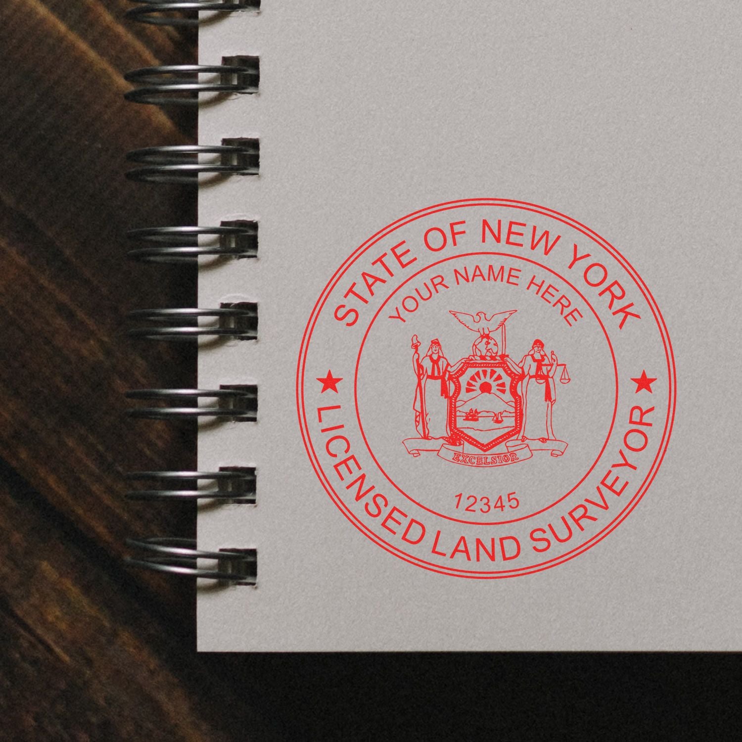 A lifestyle photo showing a stamped image of the Slim Pre-Inked New York Land Surveyor Seal Stamp on a piece of paper