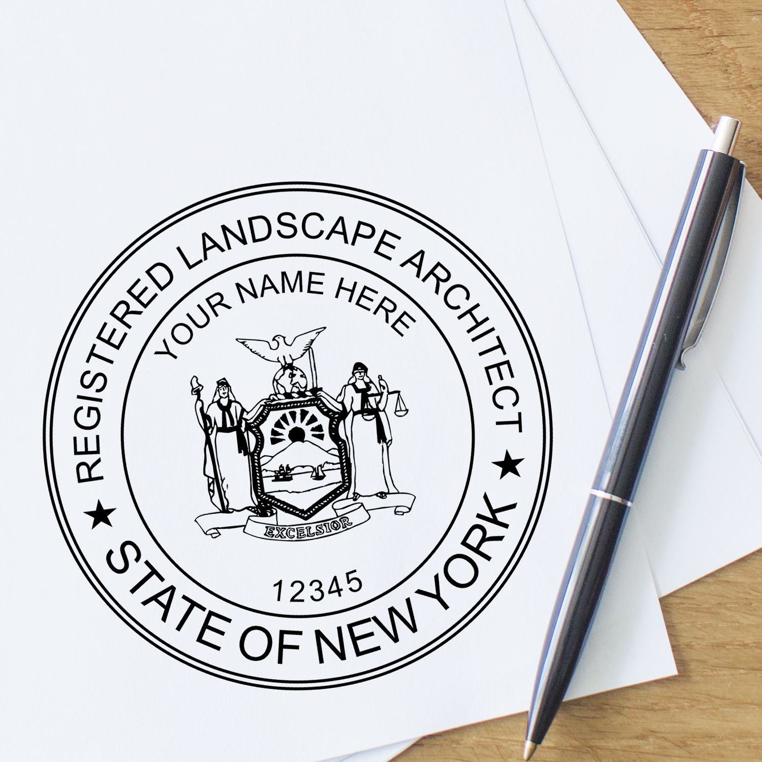 This paper is stamped with a sample imprint of the New York Landscape Architectural Seal Stamp, signifying its quality and reliability.