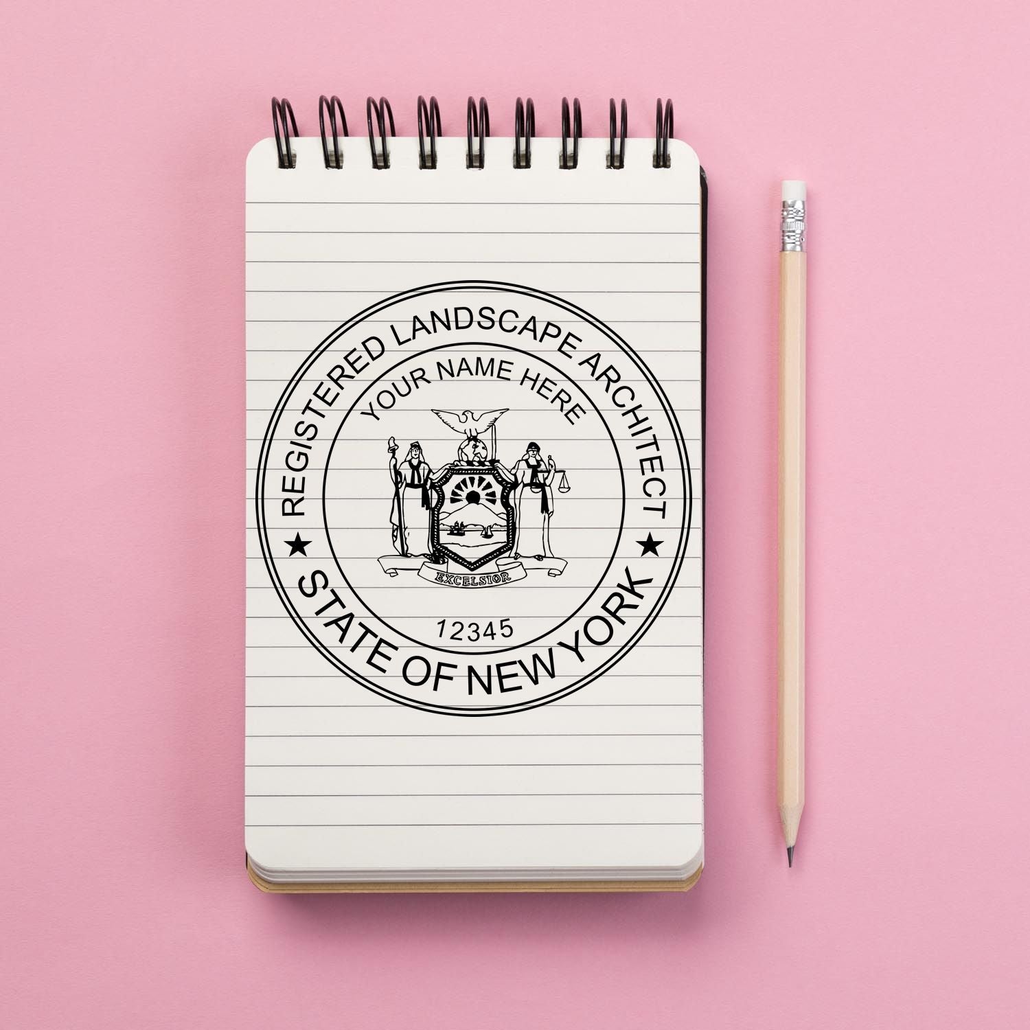 A lifestyle photo showing a stamped image of the New York Landscape Architectural Seal Stamp on a piece of paper