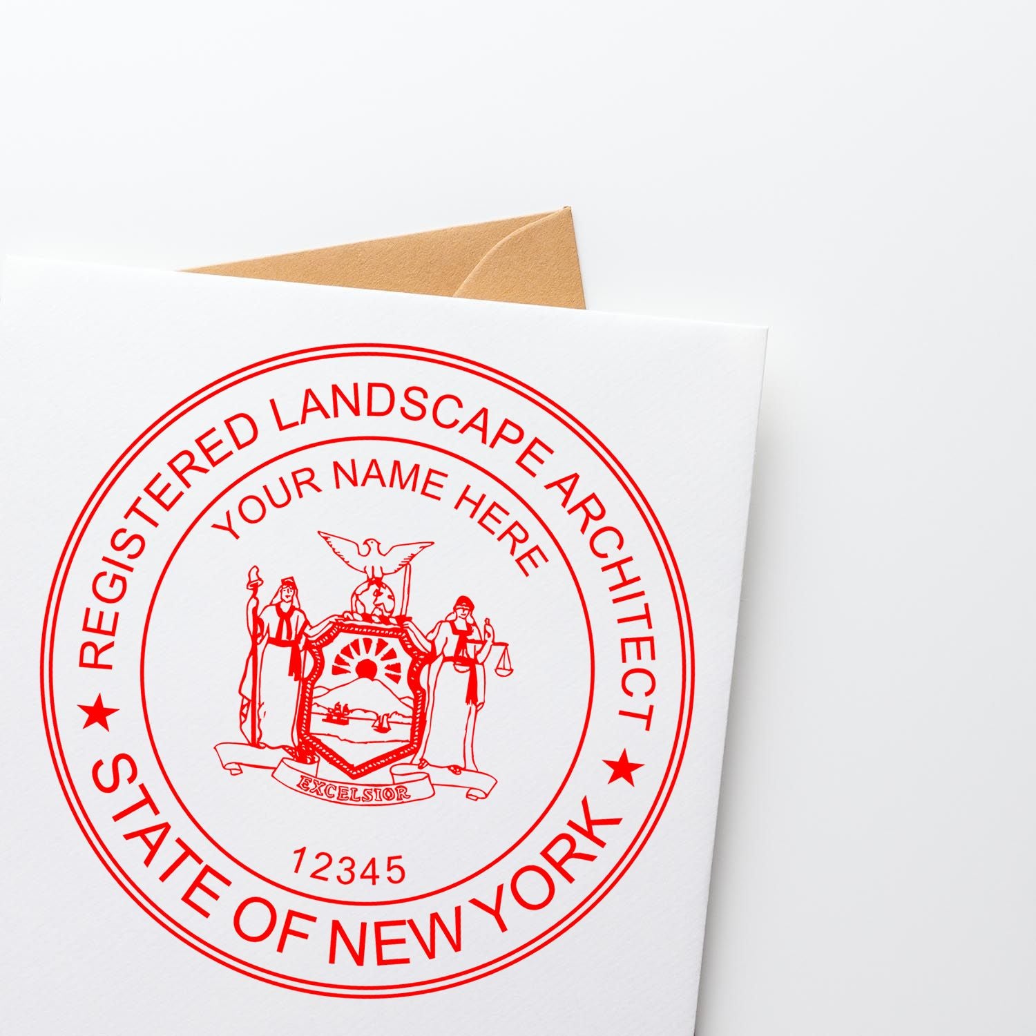 An alternative view of the Premium MaxLight Pre-Inked New York Landscape Architectural Stamp stamped on a sheet of paper showing the image in use