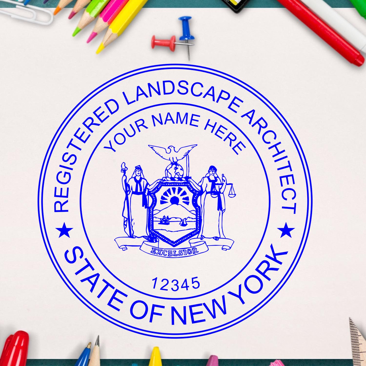 New York Landscape Architectural Seal Stamp in use photo showing a stamped imprint of the New York Landscape Architectural Seal Stamp