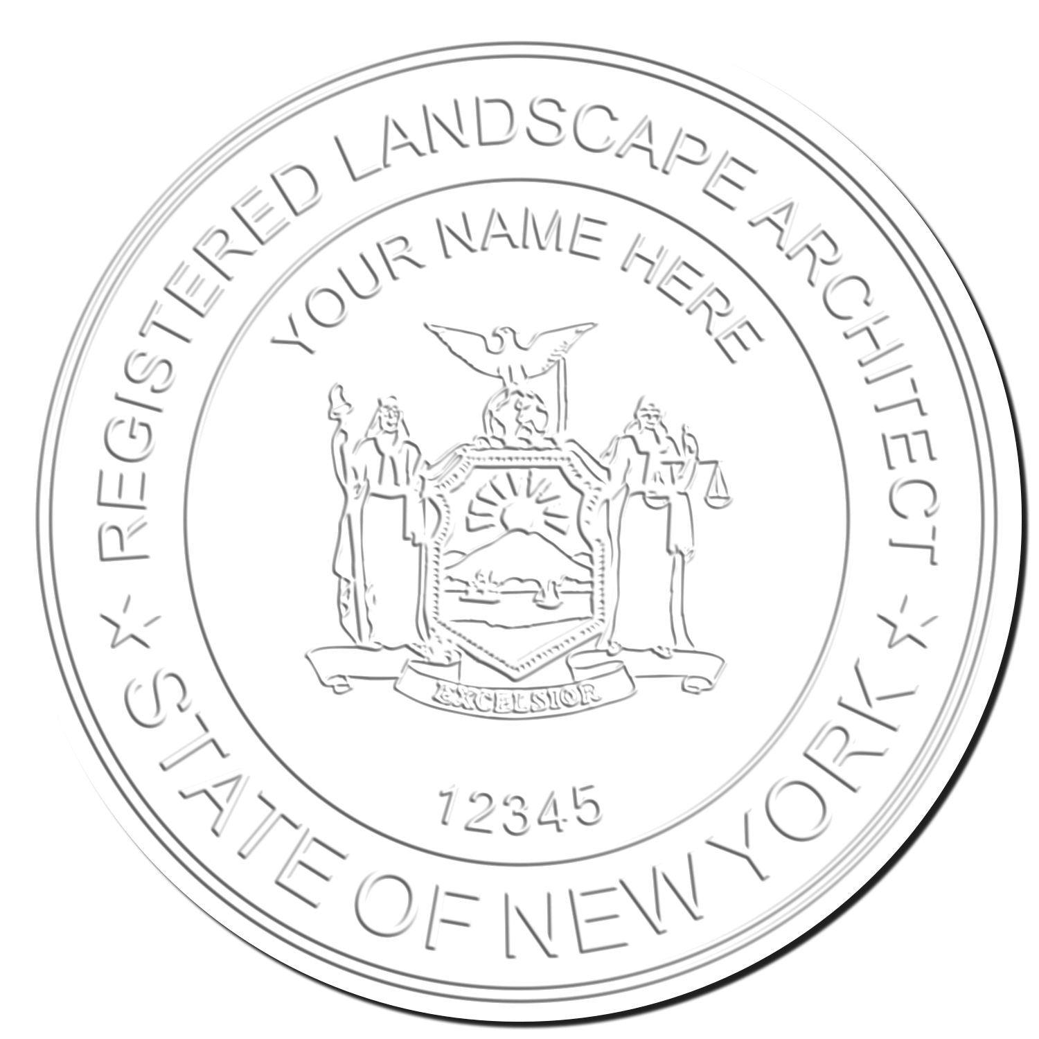 This paper is stamped with a sample imprint of the New York Desk Landscape Architectural Seal Embosser, signifying its quality and reliability.