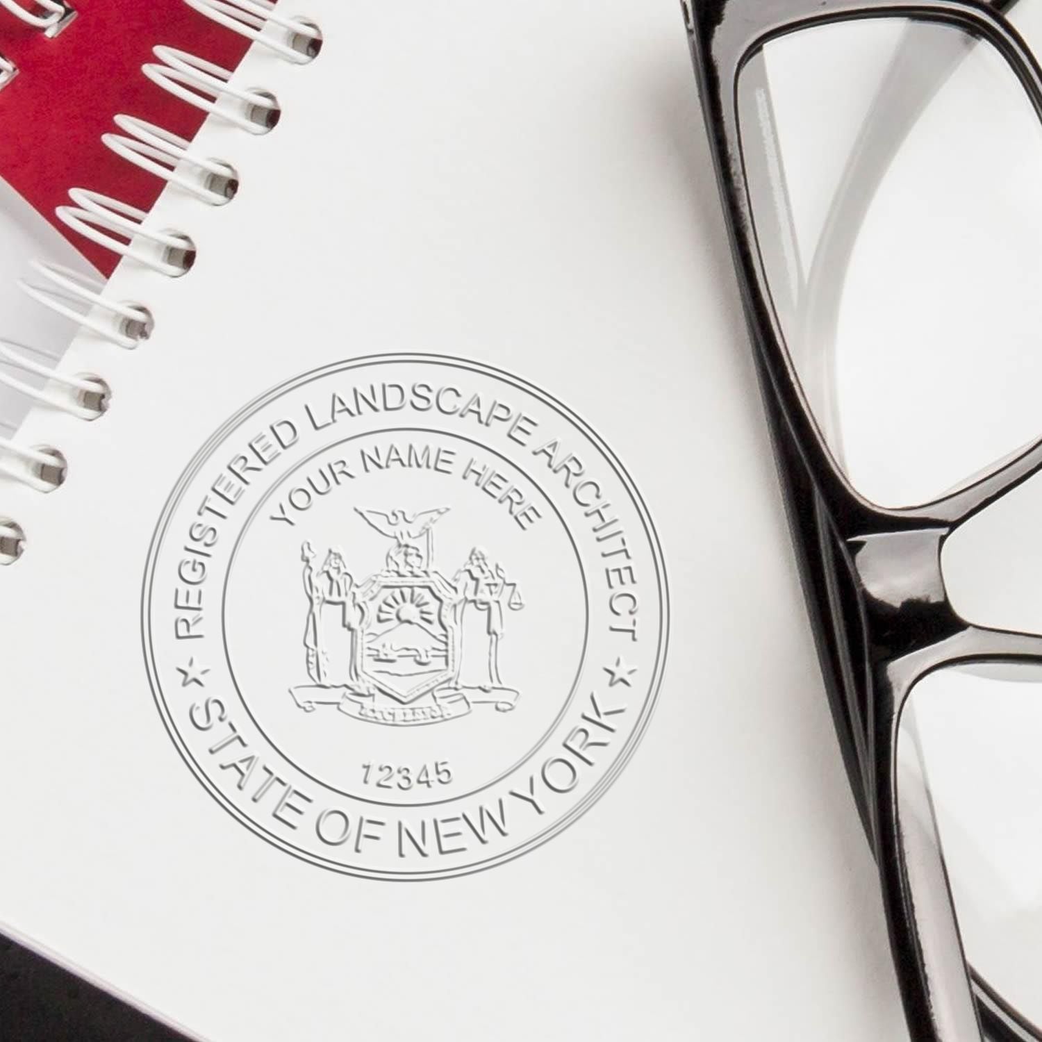 A photograph of the State of New York Handheld Landscape Architect Seal stamp impression reveals a vivid, professional image of the on paper.