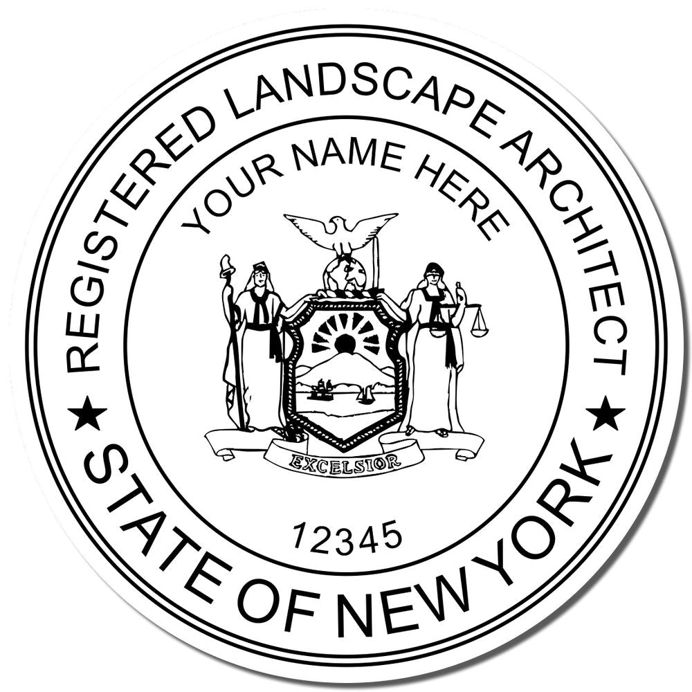 An alternative view of the New York Landscape Architectural Seal Stamp stamped on a sheet of paper showing the image in use