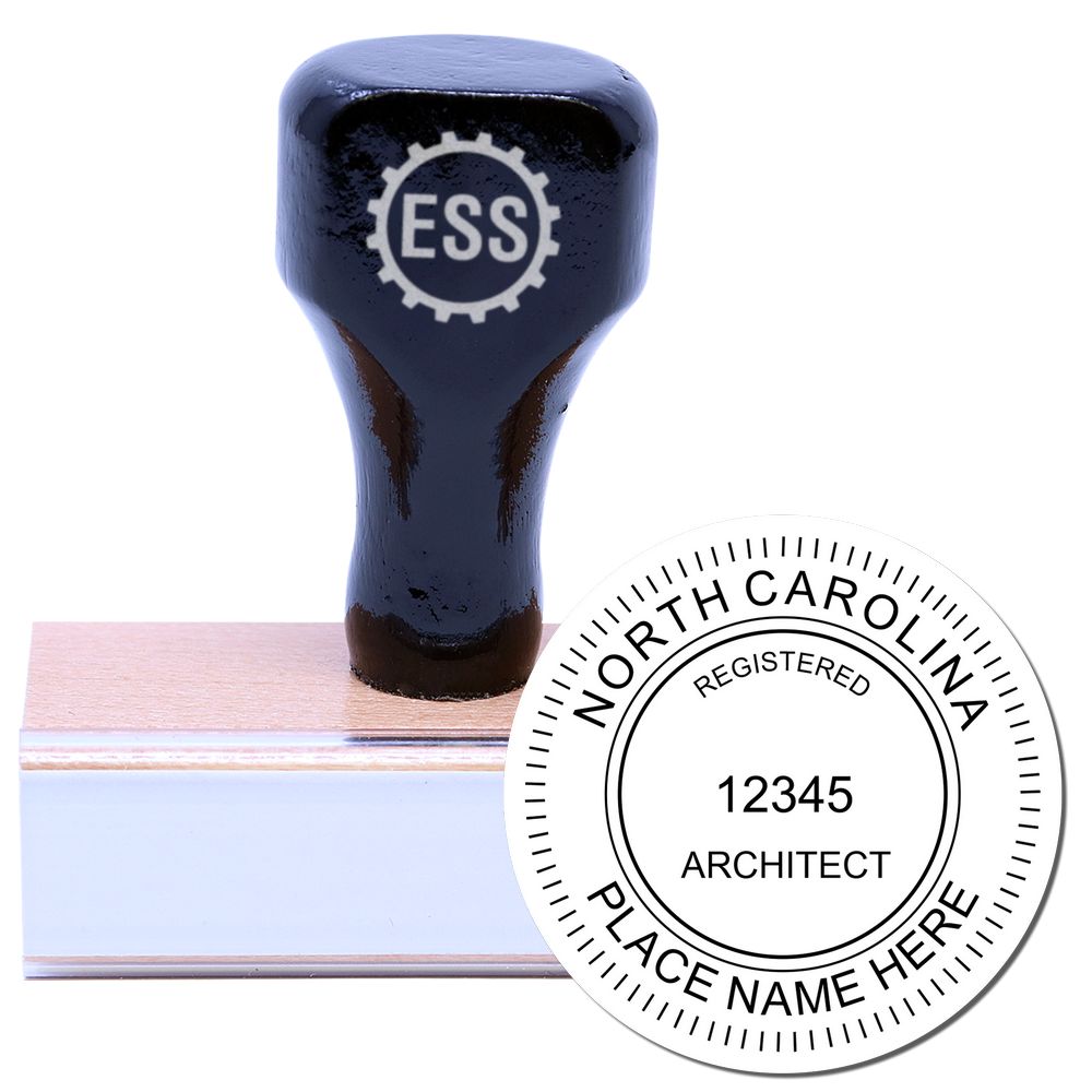 North Carolina Architect Seal Stamp with a wooden handle and rubber base, featuring customizable text for name, number, and place.