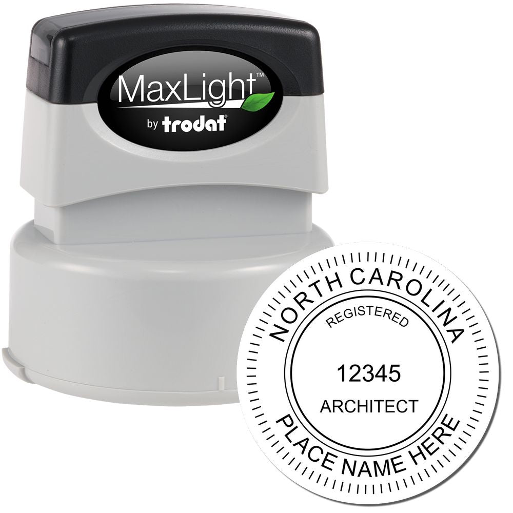 Premium MaxLight Pre-Inked North Carolina Architectural Stamp with a black and gray handle and a sample imprint showing registration details.