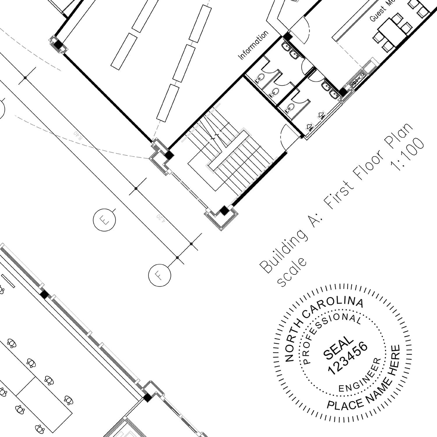 An alternative view of the Premium MaxLight Pre-Inked North Carolina Engineering Stamp stamped on a sheet of paper showing the image in use