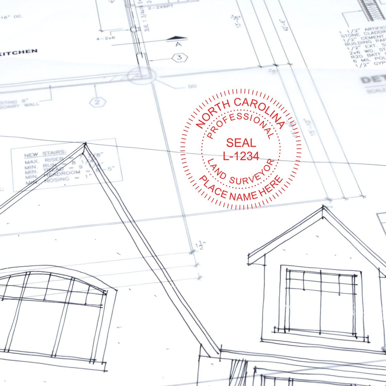 Blueprint with a Digital North Carolina Land Surveyor Stamp, Electronic Seal for North Carolina Land Surveyor, showing architectural plans.