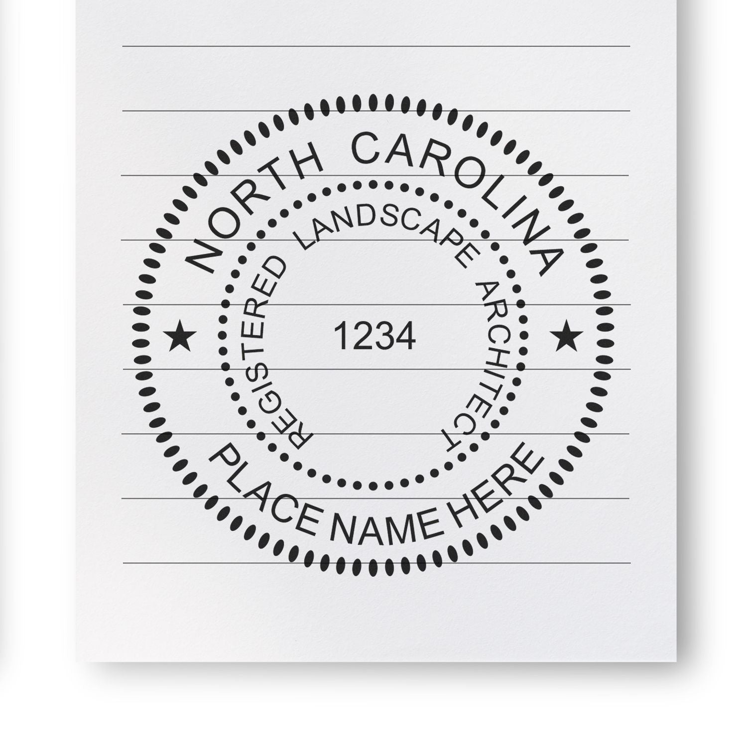 Slim Pre-Inked North Carolina Landscape Architect Seal Stamp in use photo showing a stamped imprint of the Slim Pre-Inked North Carolina Landscape Architect Seal Stamp