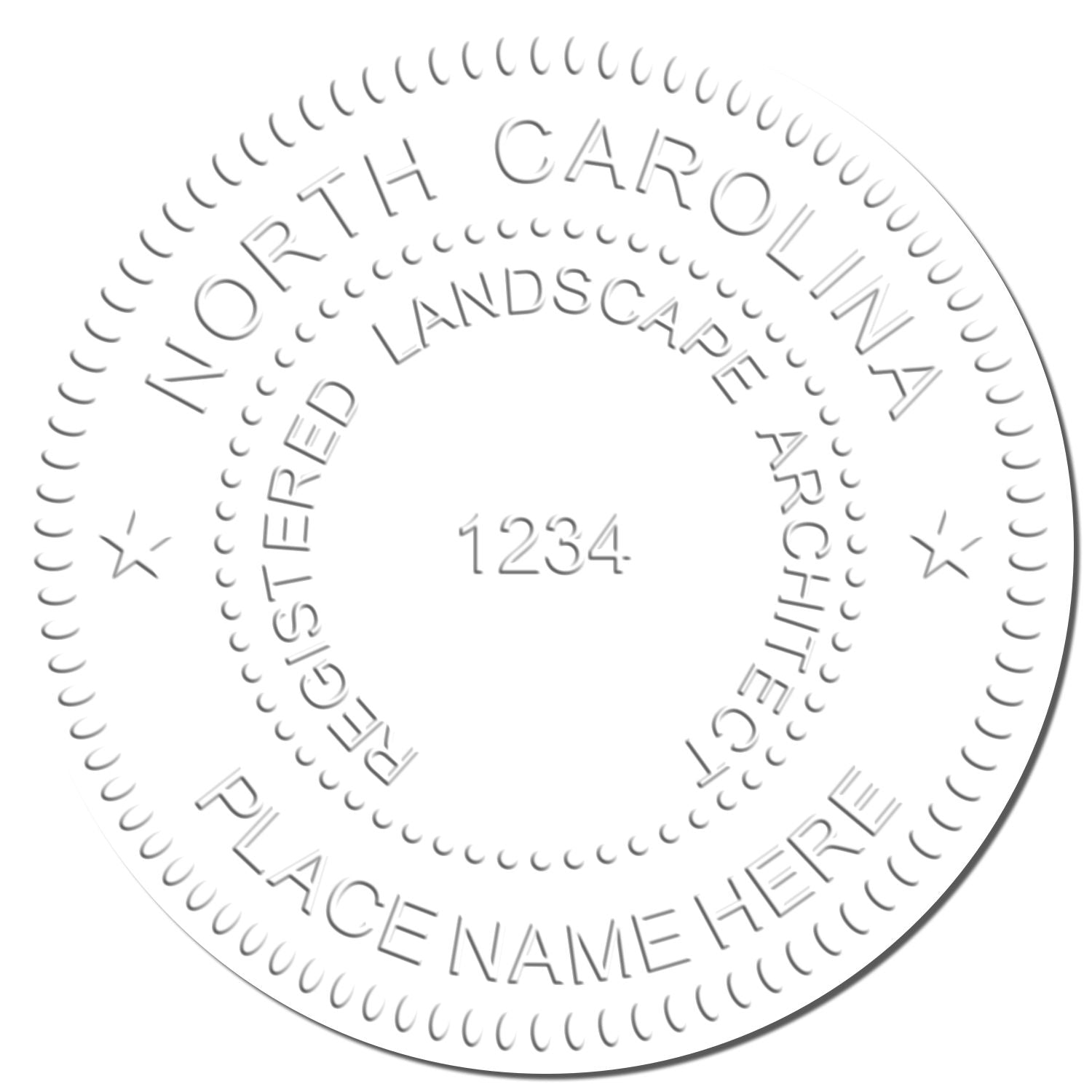 This paper is stamped with a sample imprint of the State of North Carolina Extended Long Reach Landscape Architect Seal Embosser, signifying its quality and reliability.