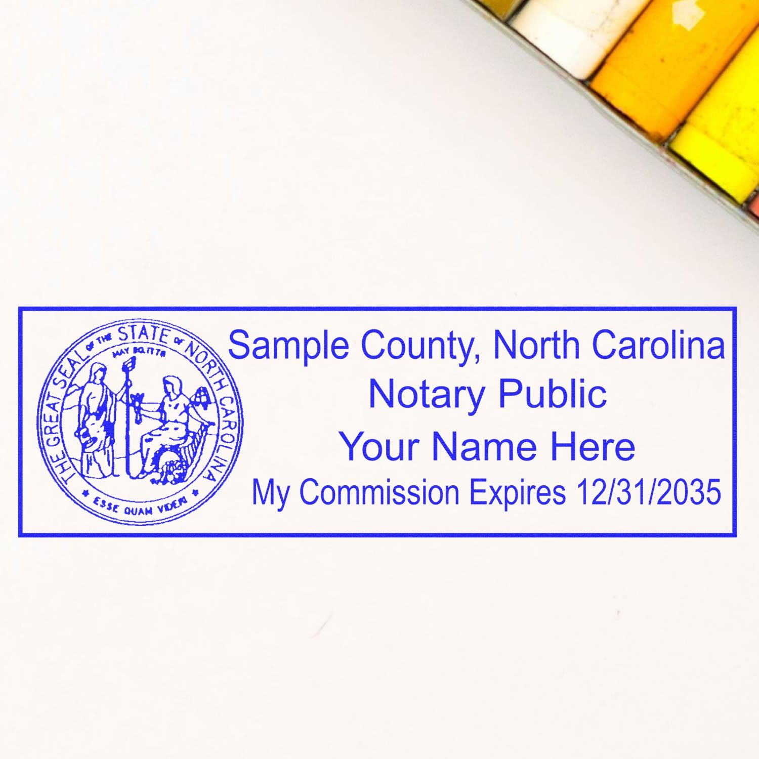 A stamped impression of the Self-Inking State Seal North Carolina Notary Stamp in this stylish lifestyle photo, setting the tone for a unique and personalized product.