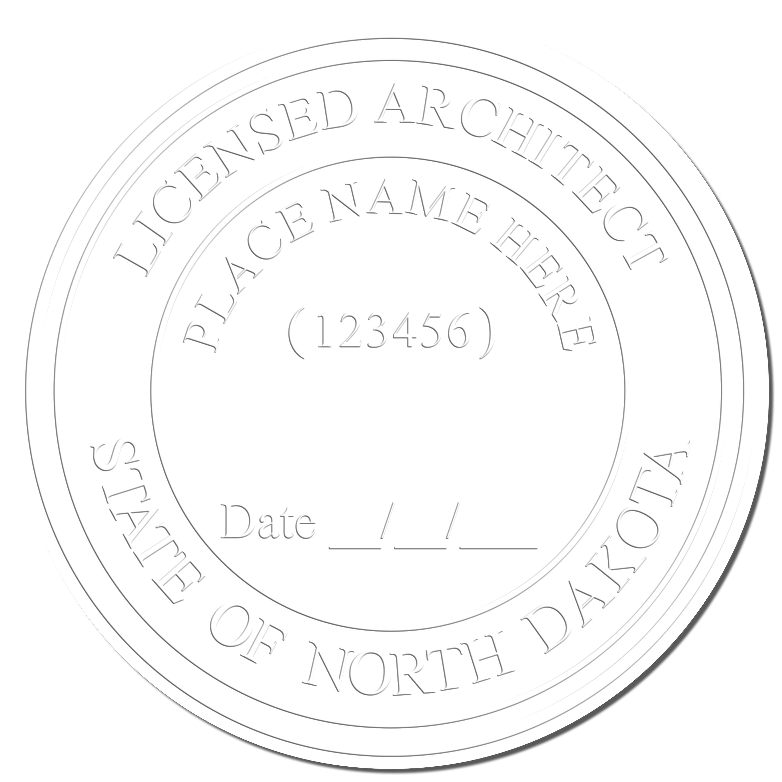 This paper is stamped with a sample imprint of the Heavy Duty Cast Iron North Dakota Architect Embosser, signifying its quality and reliability.