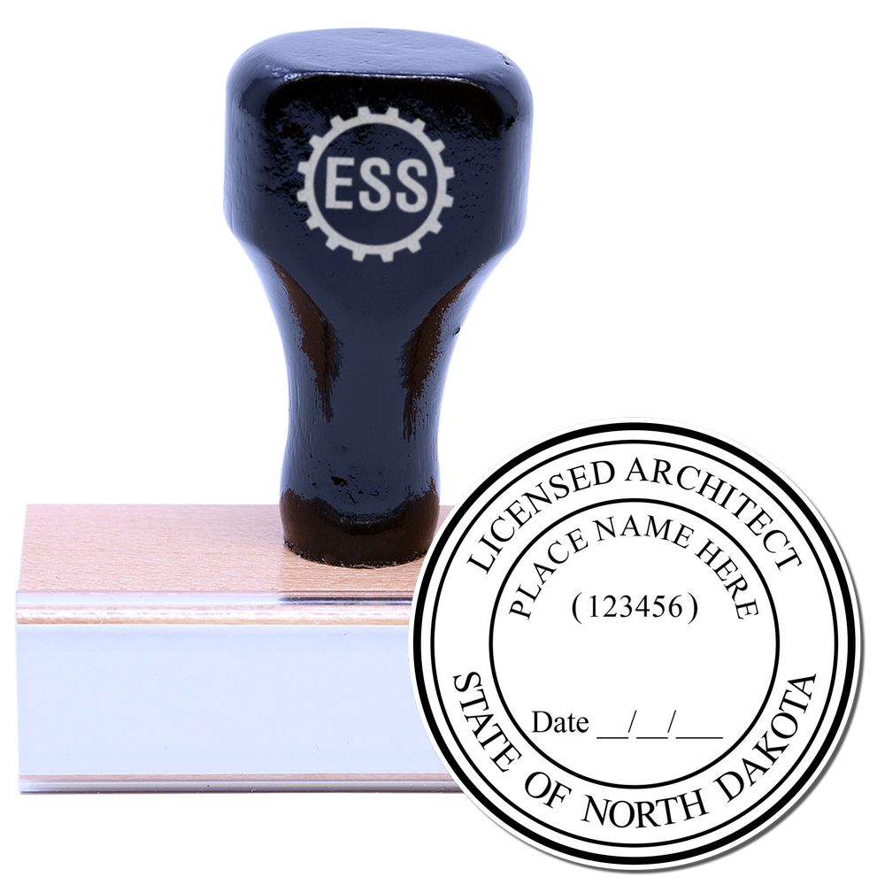 North Dakota Architect Seal Stamp with a wooden handle and rubber base, featuring a circular design for licensed architects in North Dakota.