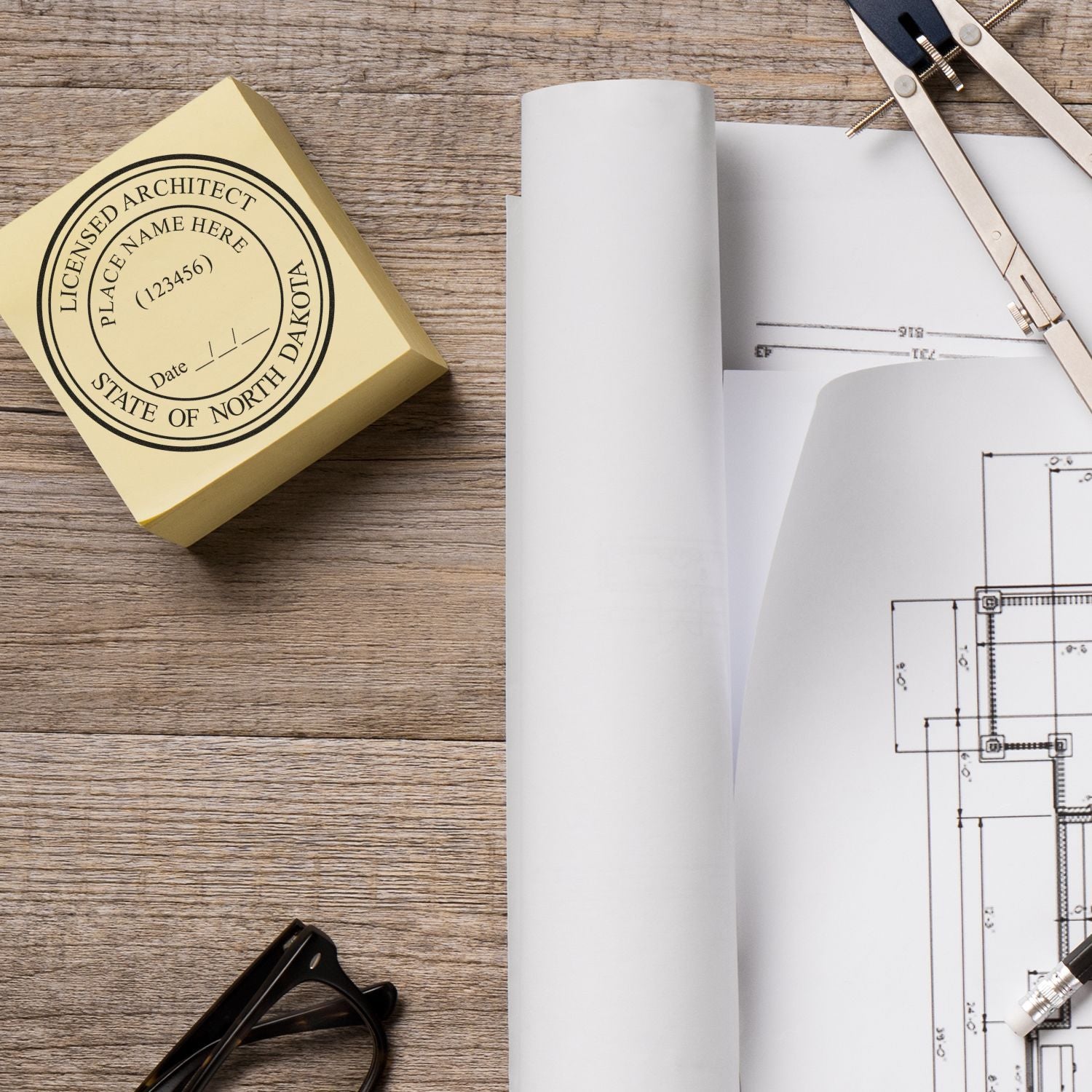 Self Inking North Dakota Architect Stamp in use on a wooden desk with architectural blueprints, glasses, and drafting tools.