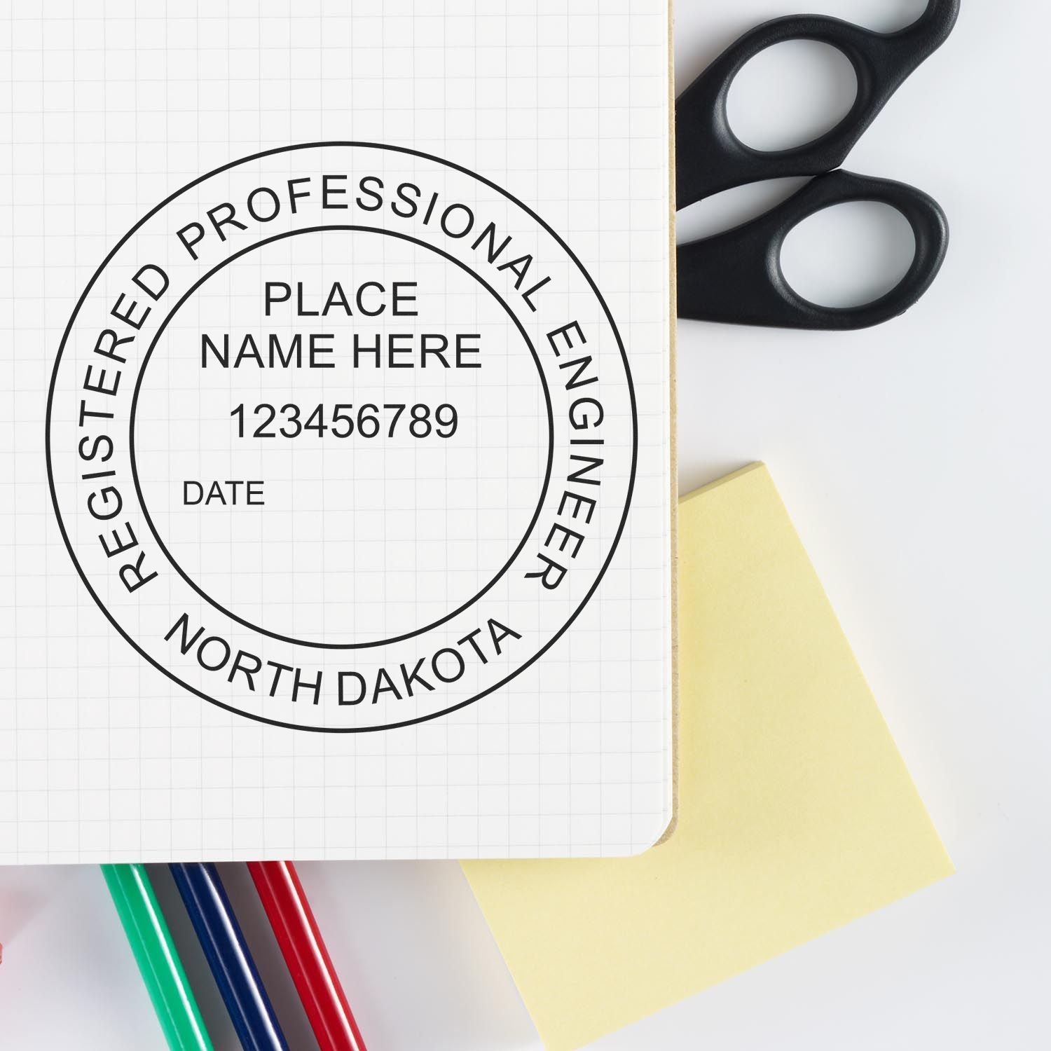 A lifestyle photo showing a stamped image of the North Dakota Professional Engineer Seal Stamp on a piece of paper