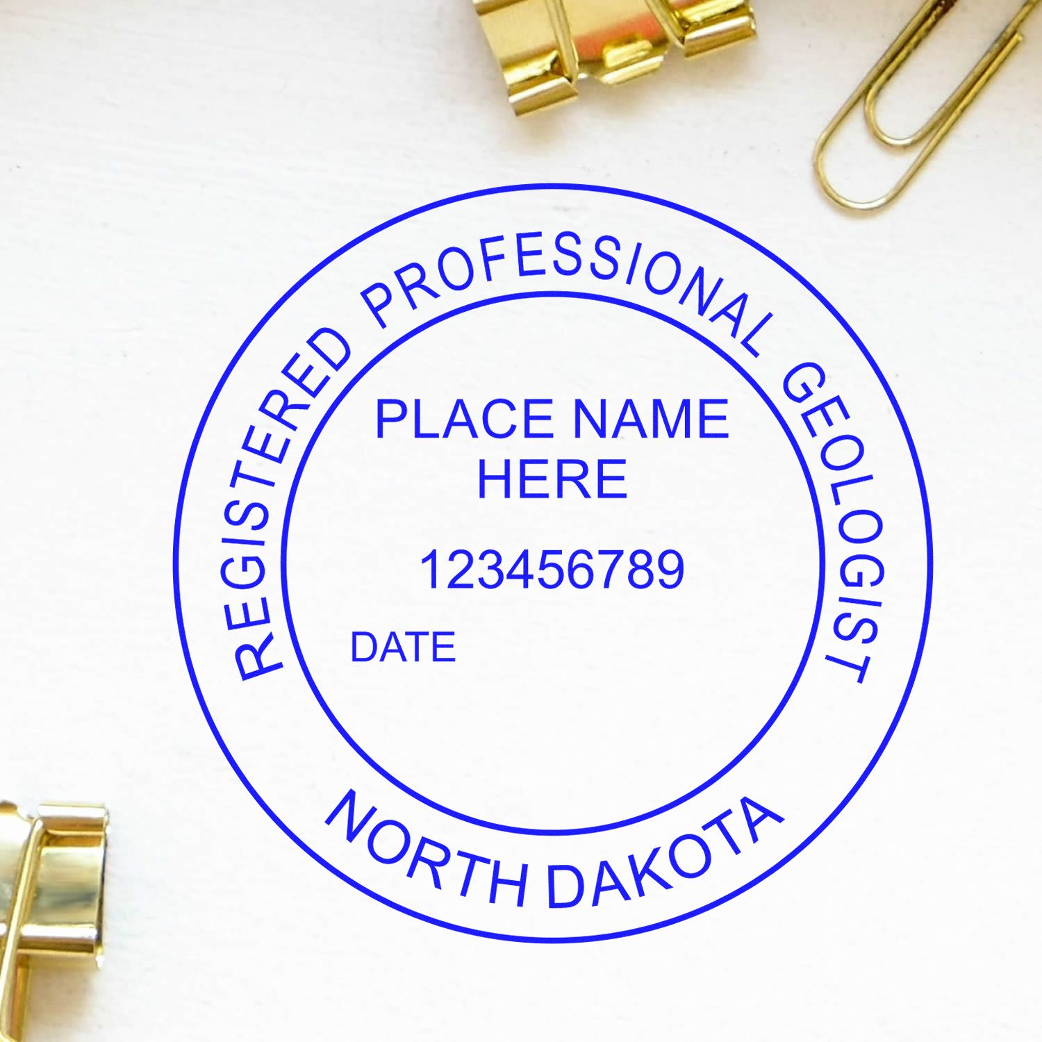 An alternative view of the Digital North Dakota Geologist Stamp, Electronic Seal for North Dakota Geologist stamped on a sheet of paper showing the image in use