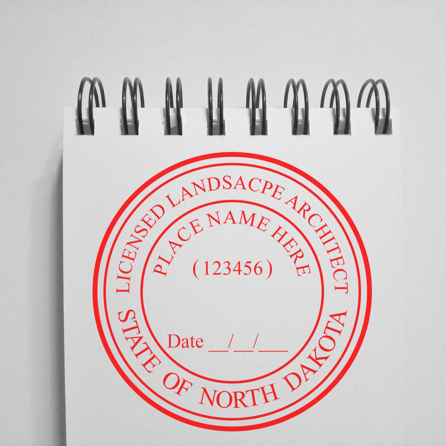 A stamped impression of the Self-Inking North Dakota Landscape Architect Stamp in this stylish lifestyle photo, setting the tone for a unique and personalized product.