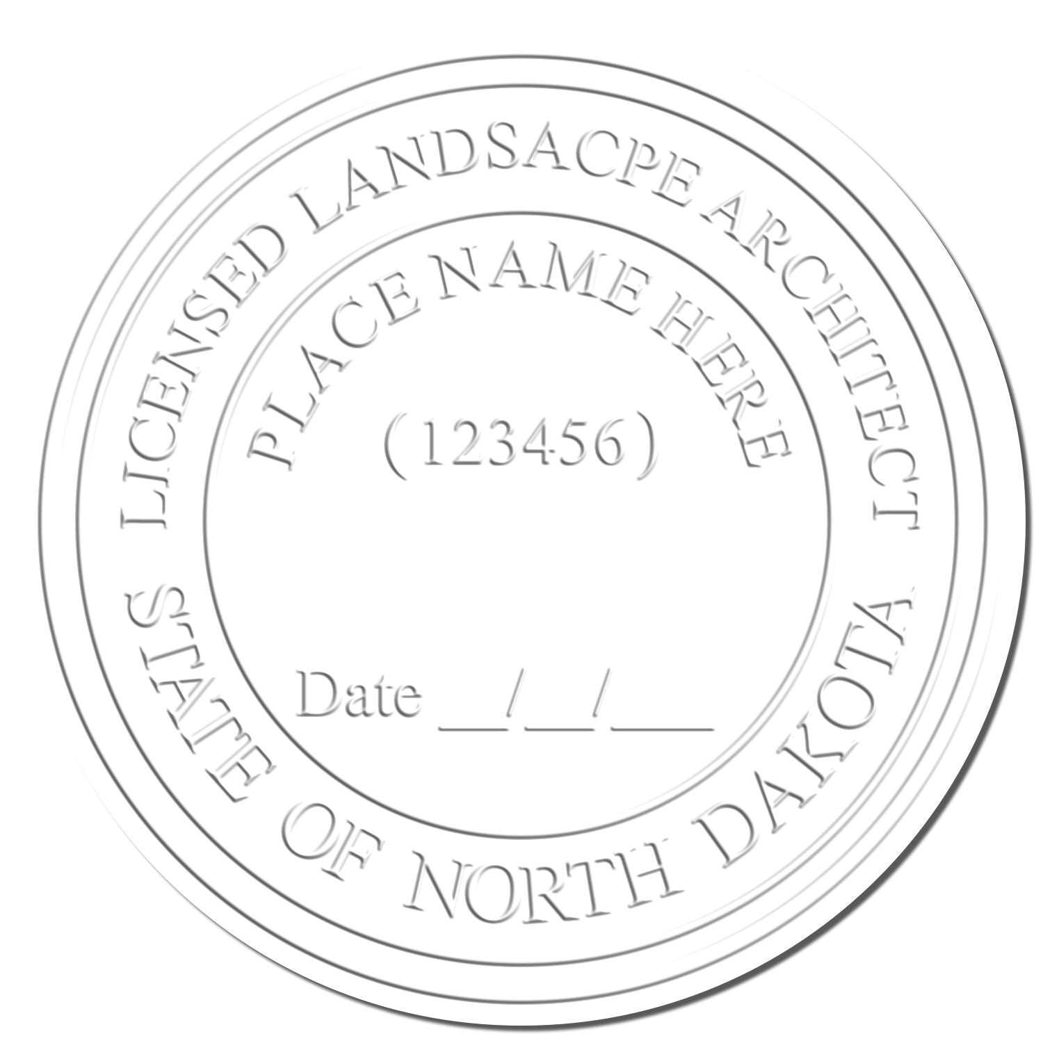 This paper is stamped with a sample imprint of the North Dakota Long Reach Landscape Architect Embossing Stamp, signifying its quality and reliability.