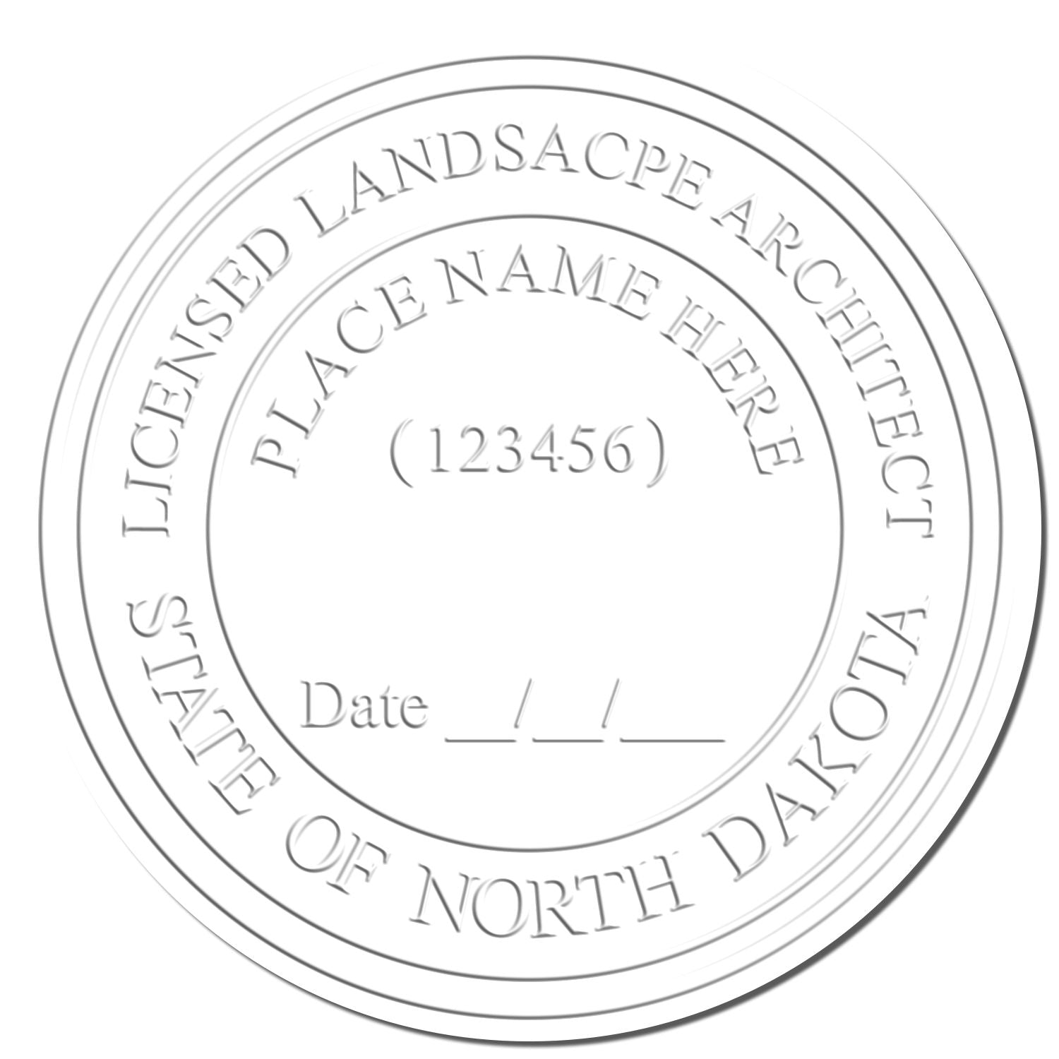 This paper is stamped with a sample imprint of the State of North Dakota Extended Long Reach Landscape Architect Seal Embosser, signifying its quality and reliability.