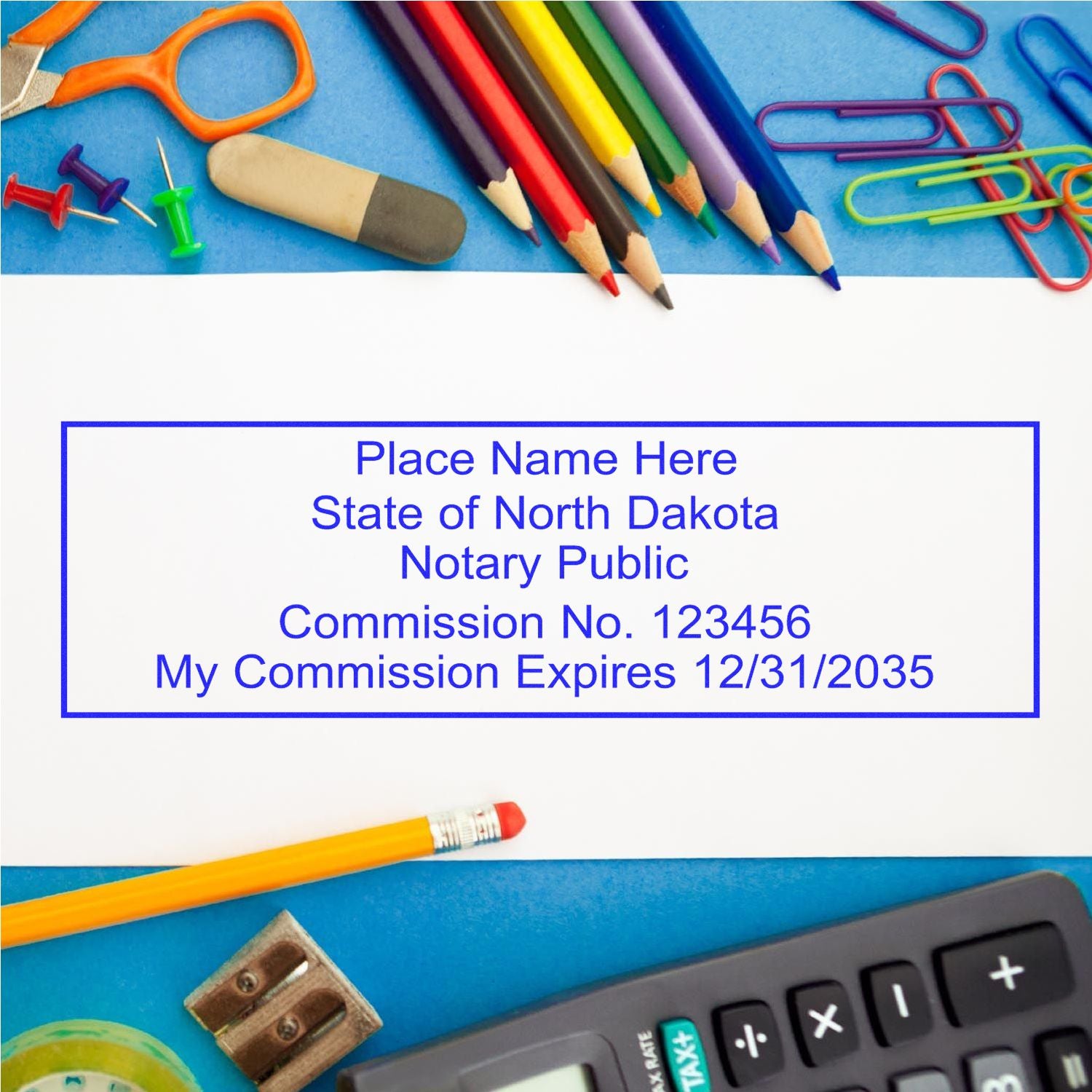 Slim Pre-Inked Rectangular Notary Stamp for North Dakota in use photo showing a stamped imprint of the Slim Pre-Inked Rectangular Notary Stamp for North Dakota