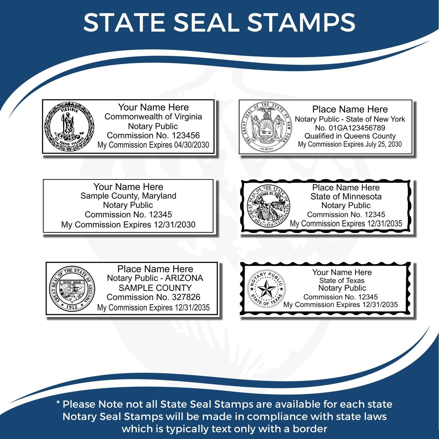 Image showing six samples of Regular State Seal Notary Stamps for various states, displaying customizable fields for name, commission number, and expiration date.