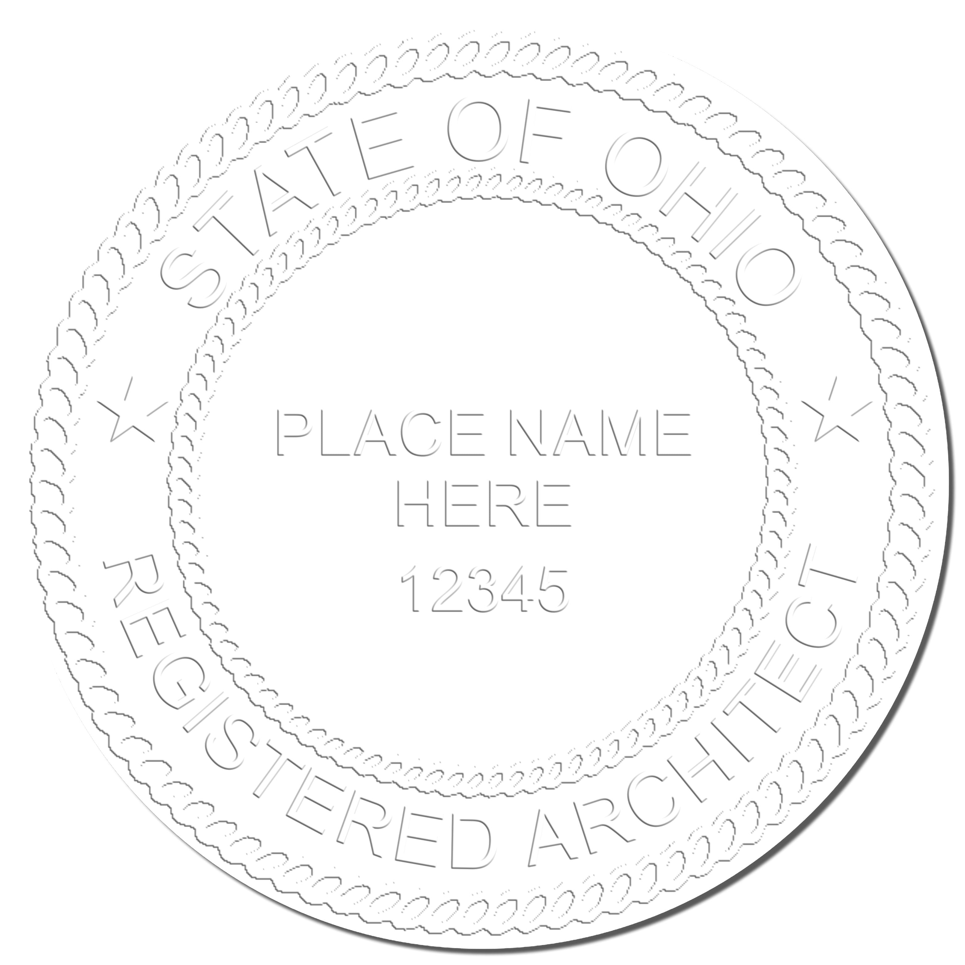 A photograph of the Handheld Ohio Architect Seal Embosser stamp impression reveals a vivid, professional image of the on paper.