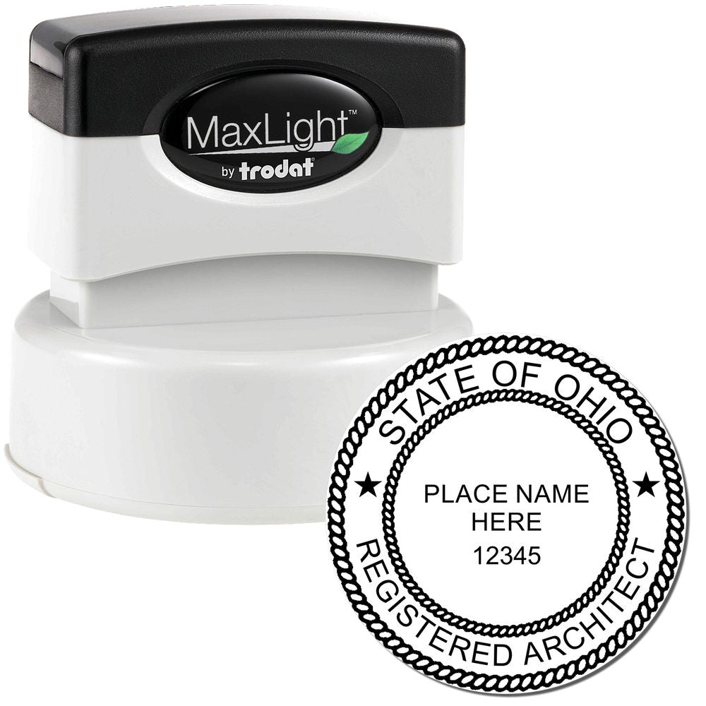 Image of the Premium MaxLight Pre-Inked Ohio Architectural Stamp, featuring a round stamp design with "State of Ohio Registered Architect" text.