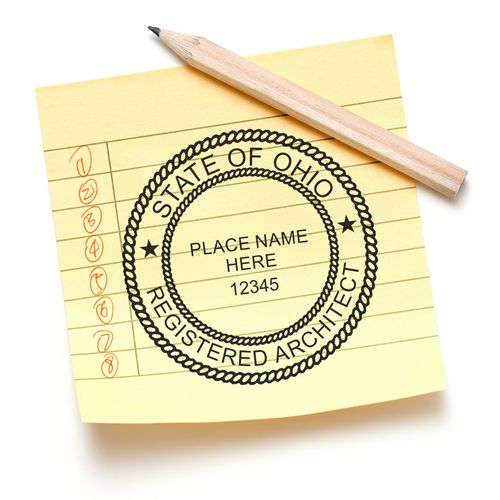 A lifestyle photo showing a stamped image of the Slim Pre-Inked Ohio Architect Seal Stamp on a piece of paper