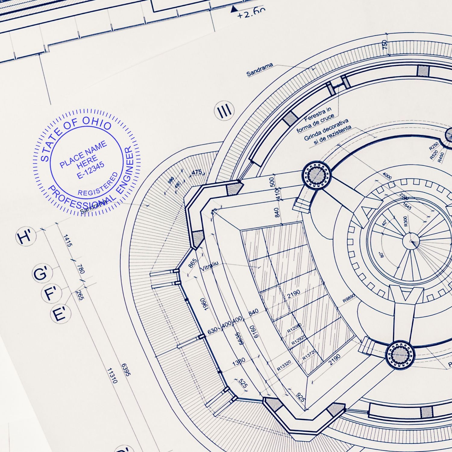 Another Example of a stamped impression of the Premium MaxLight Pre-Inked Ohio Engineering Stamp on a piece of office paper.