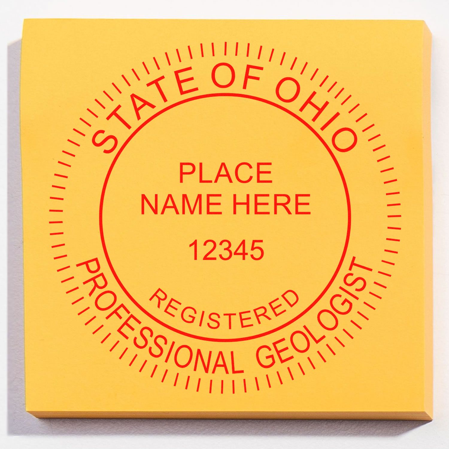 An in use photo of the Digital Ohio Geologist Stamp, Electronic Seal for Ohio Geologist showing a sample imprint on a cardstock