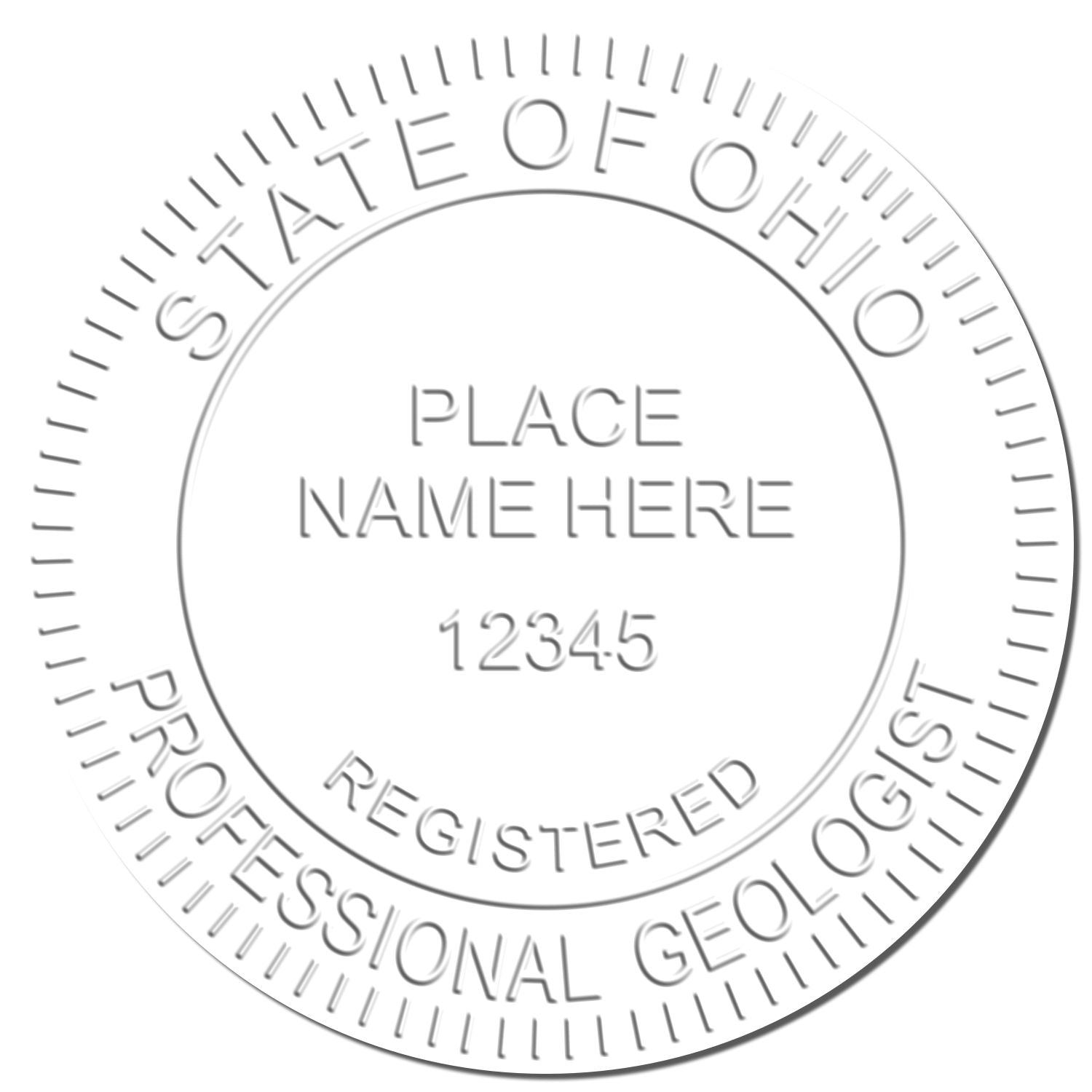 The Ohio Geologist Desk Seal stamp impression comes to life with a crisp, detailed image stamped on paper - showcasing true professional quality.